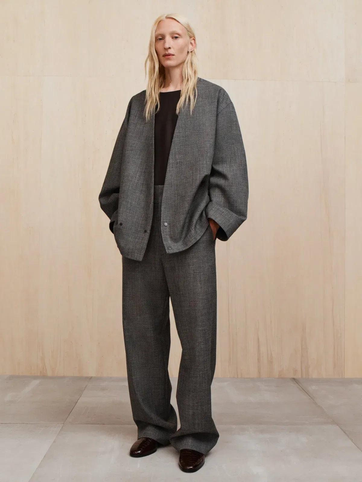 Essentials Mouline Wool Relaxed Lapelless Jacket Off White/Black