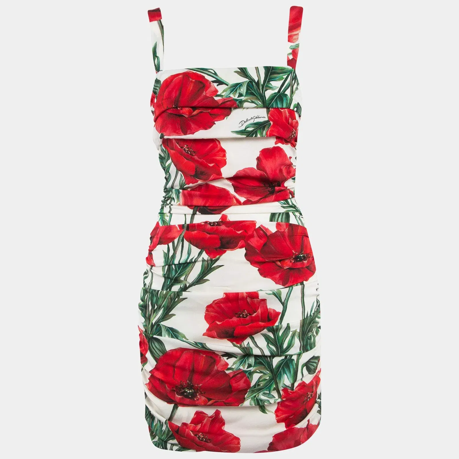 Dolce & Gabbana White/Red Floral Print Silk Ruched Mini