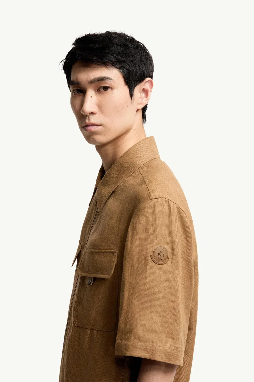 Moncler Linen Twill Short Sleeve Zip-Up Shirt Light Brown Light Brown
