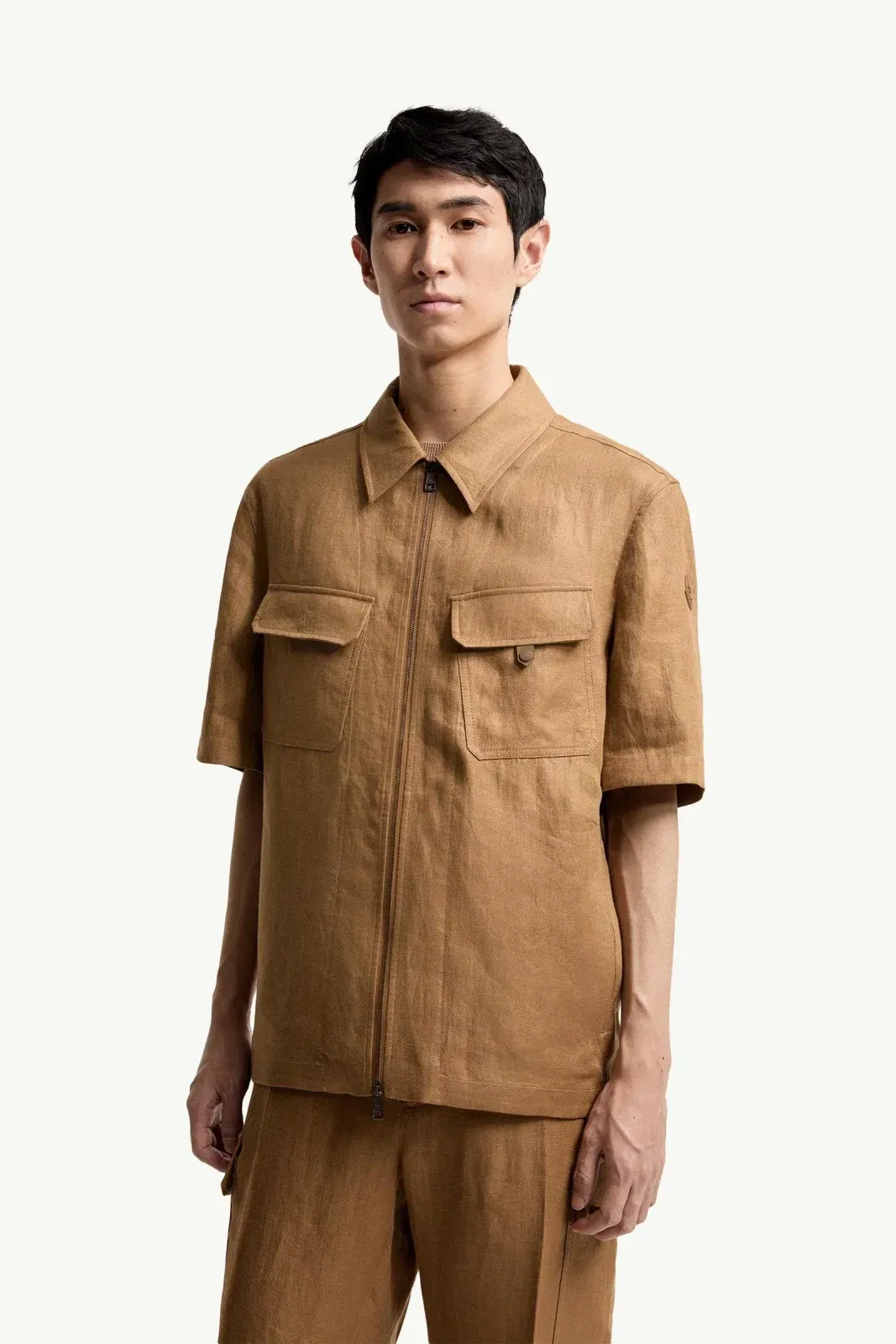 Moncler Linen Twill Short Sleeve Zip-Up Shirt Light Brown Light Brown