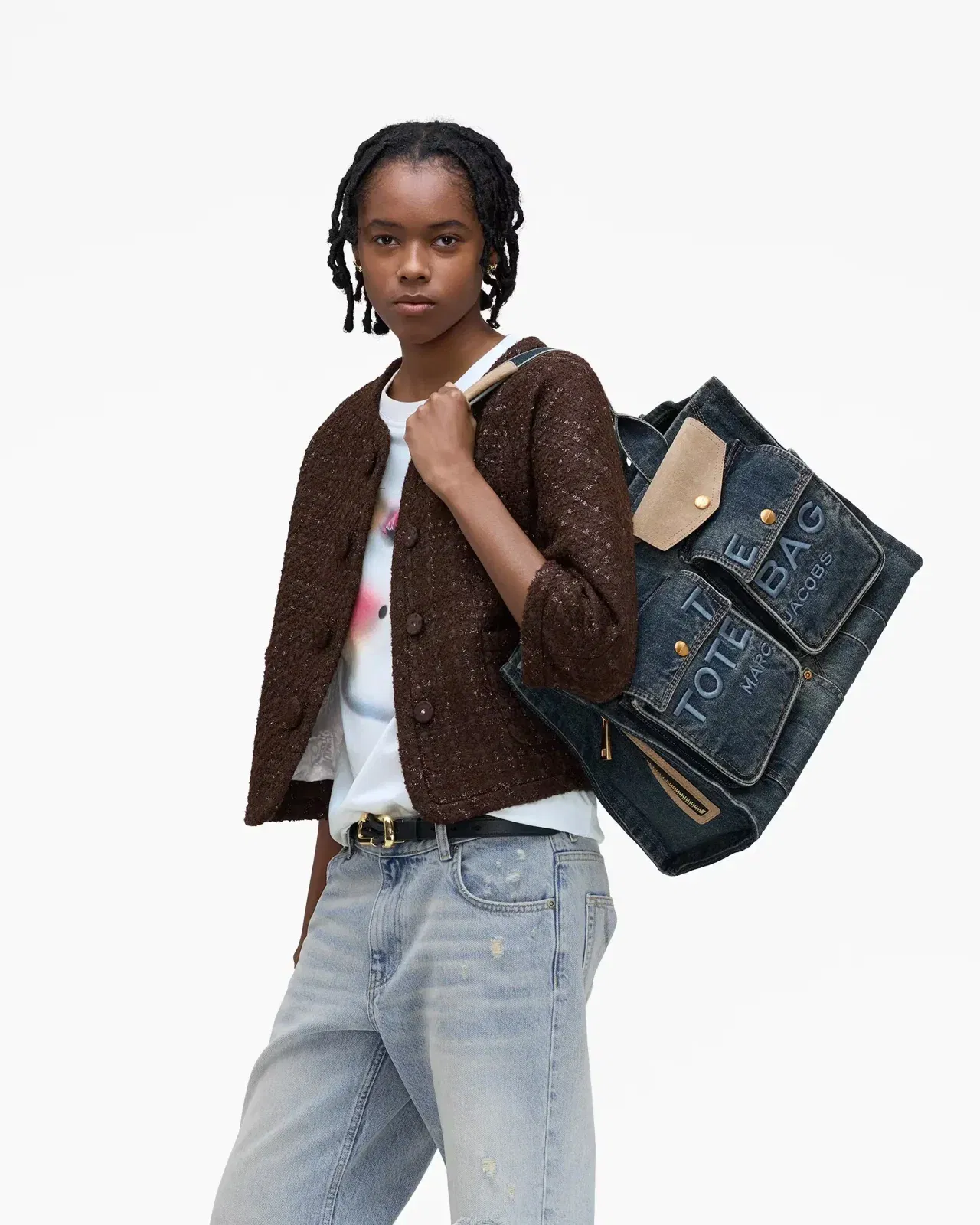 Marc Jacobs The Denim Suede Large Cargo Tote Bag Dark Wash Indigo