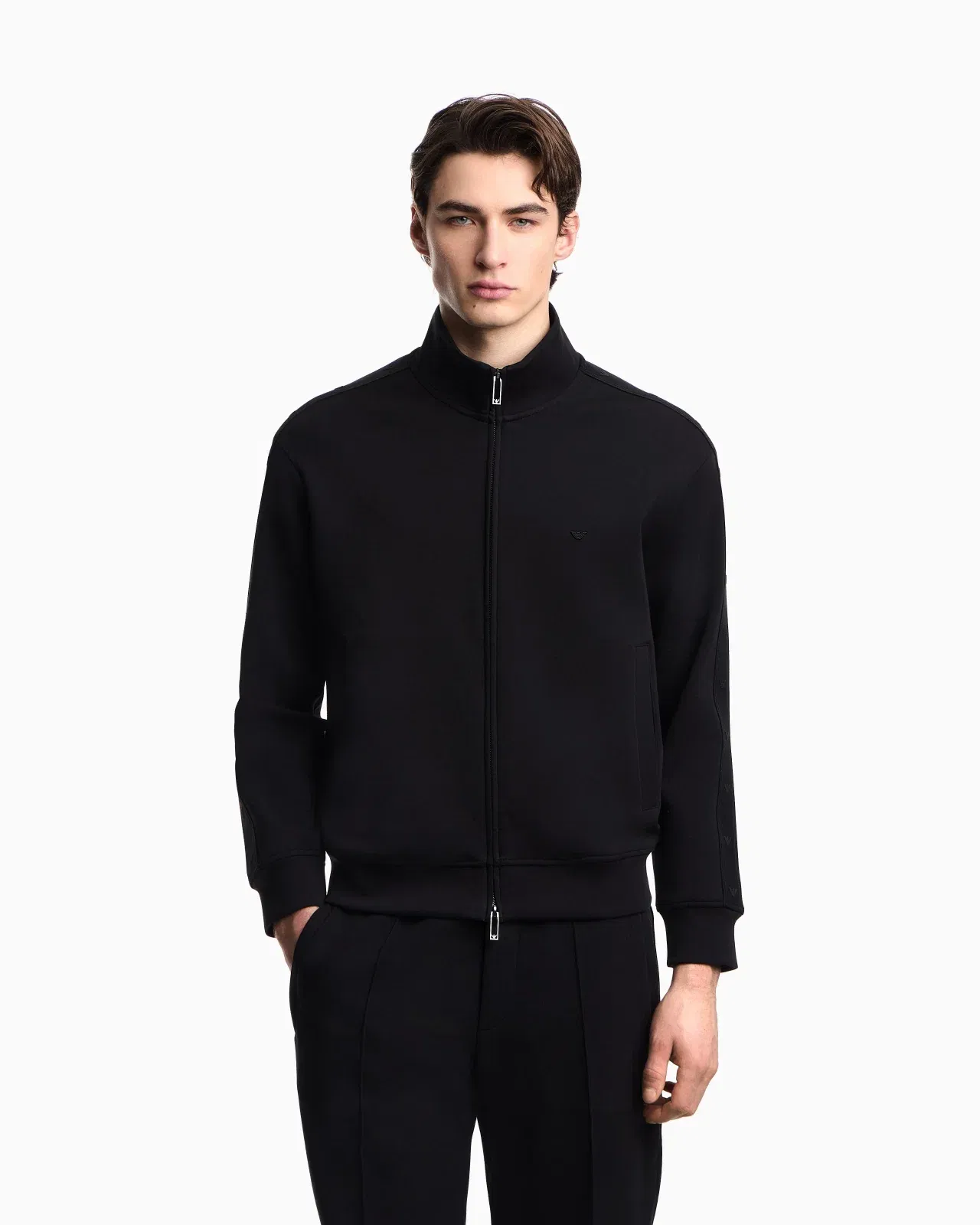 Emporio Armani Full-zip sweatshirt in double jersey with micro-eagle band