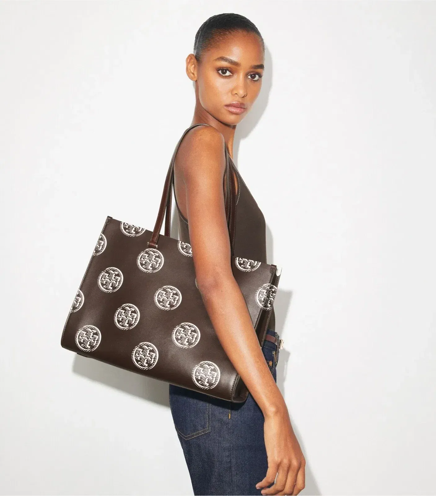 T Monogram Contrast Embossed Tote
