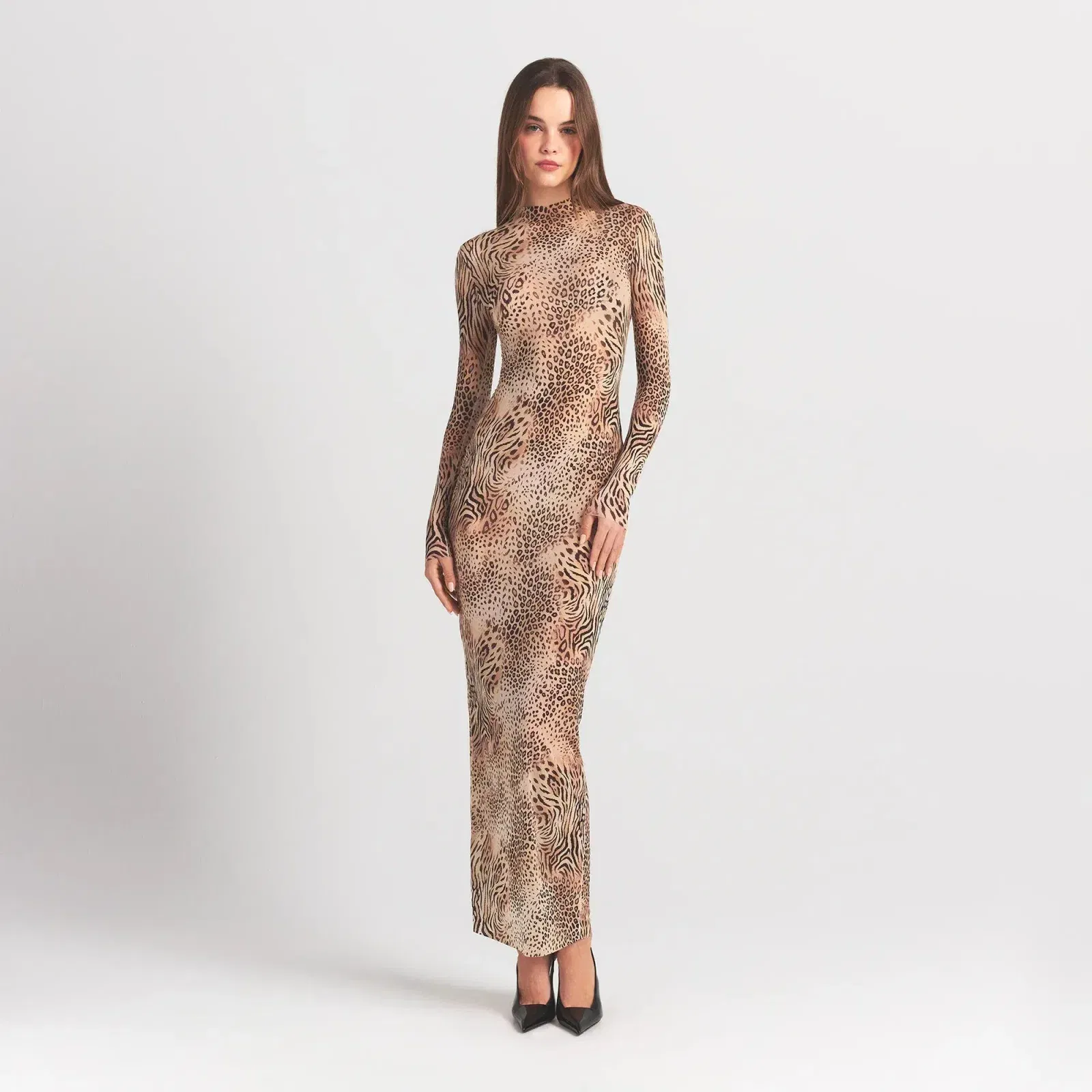 Milky Sheer Mock Neck Long Sleeve Long Dress