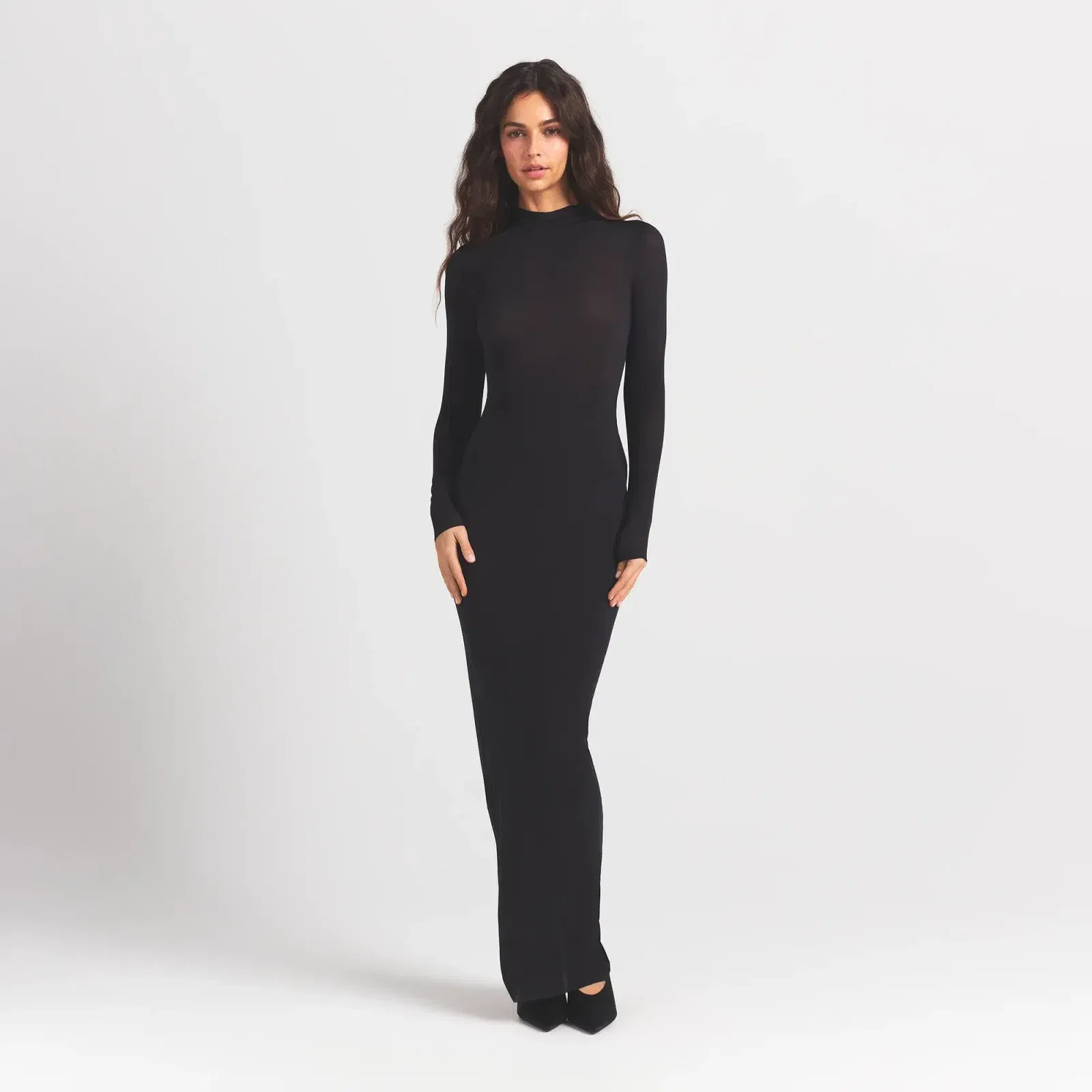 Milky Sheer Mock Neck Long Sleeve Long Dress