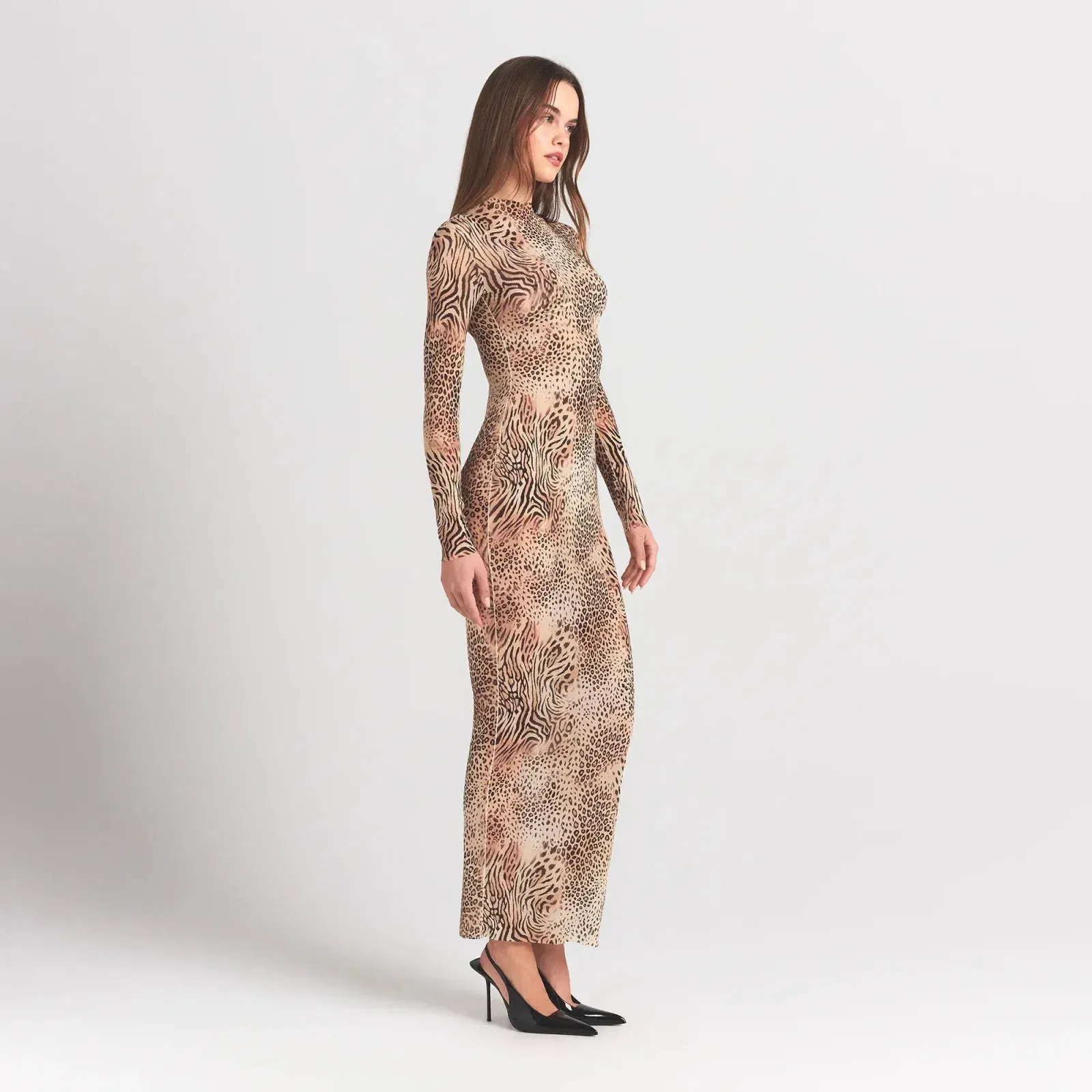 Milky Sheer Mock Neck Long Sleeve Long Dress
