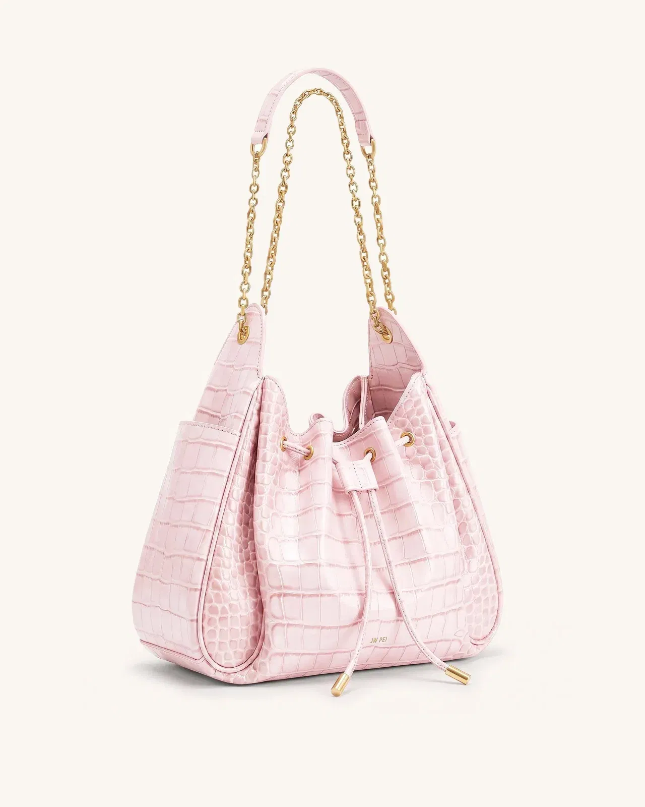 Jw Pei Rowan Ruched Drawstring Chain Bucket Bag Pink Croc