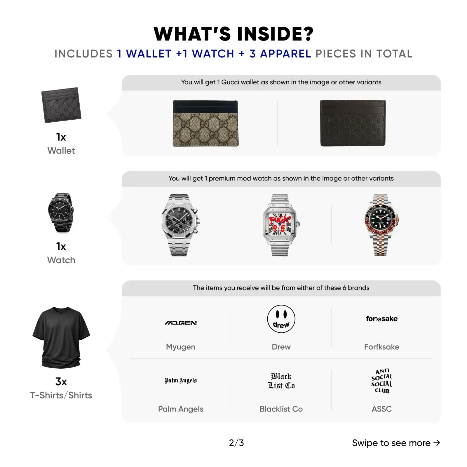 Mystery Box - The One (Worth AED 2,700) (For Him) [Gucci Wallet + Seiko Mod Watch + 3 Global Hype Apparel Pieces Inside]