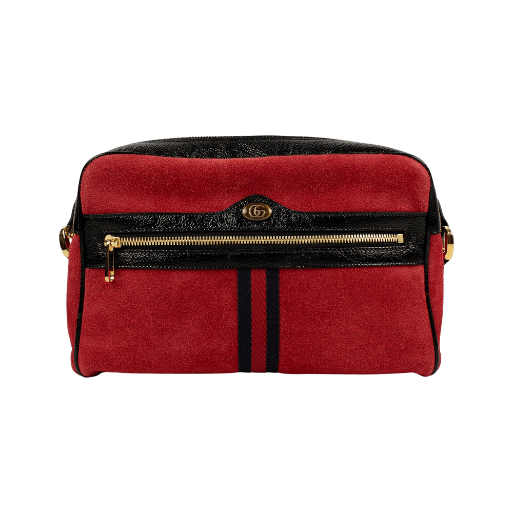 Gucci Red Suede With Black Patent Leather Retro Ophidia Shoulder Bag Red