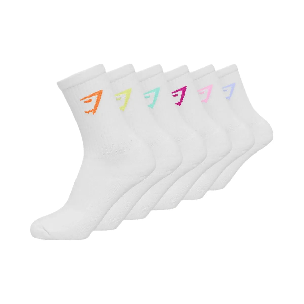 Gymshark Crew Socks 6pk "White Chilled Blue Focus Pink Super-Set Pink Pop Turquoise Sorbet Yellow Dayglow Peach"