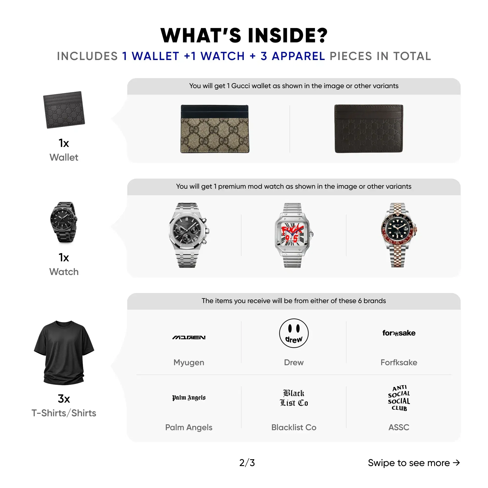 Mystery Box - The One (Worth AED 2,700) (For Him) [Gucci Wallet + Seiko Mod Watch + 3 Global Hype Apparel Pieces Inside]