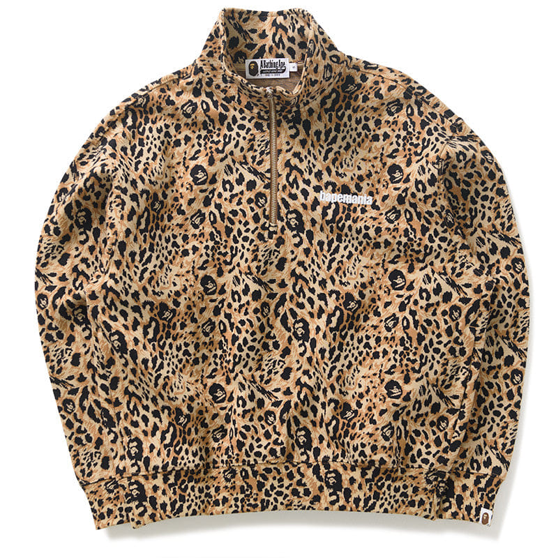BAPE A Bathing Ape Wild Leopard Pattern Half Zip Sweatshirt - Beige