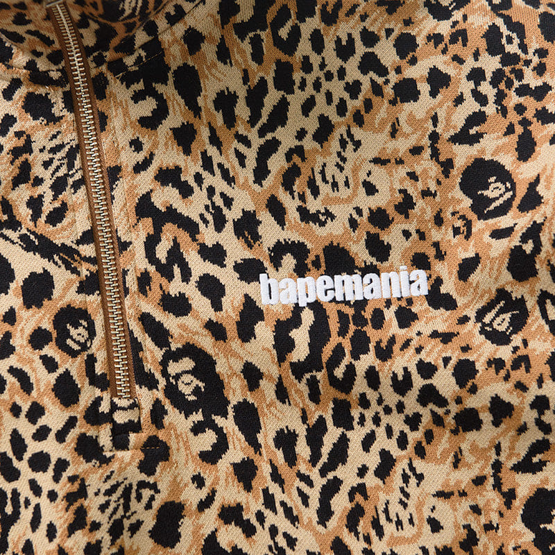 BAPE A Bathing Ape Wild Leopard Pattern Half Zip Sweatshirt - Beige