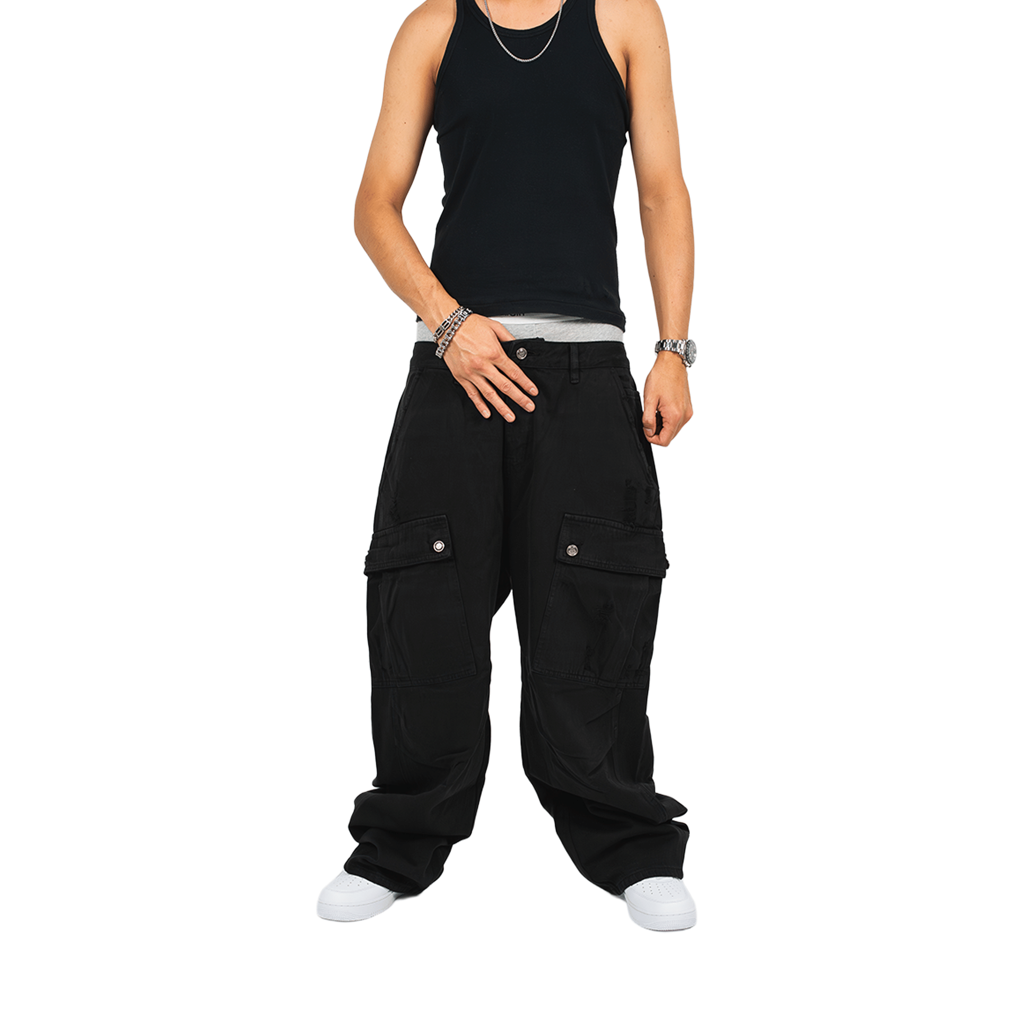 RAW21 RAW/21 Distressed Cargo Pants Black (FW25)