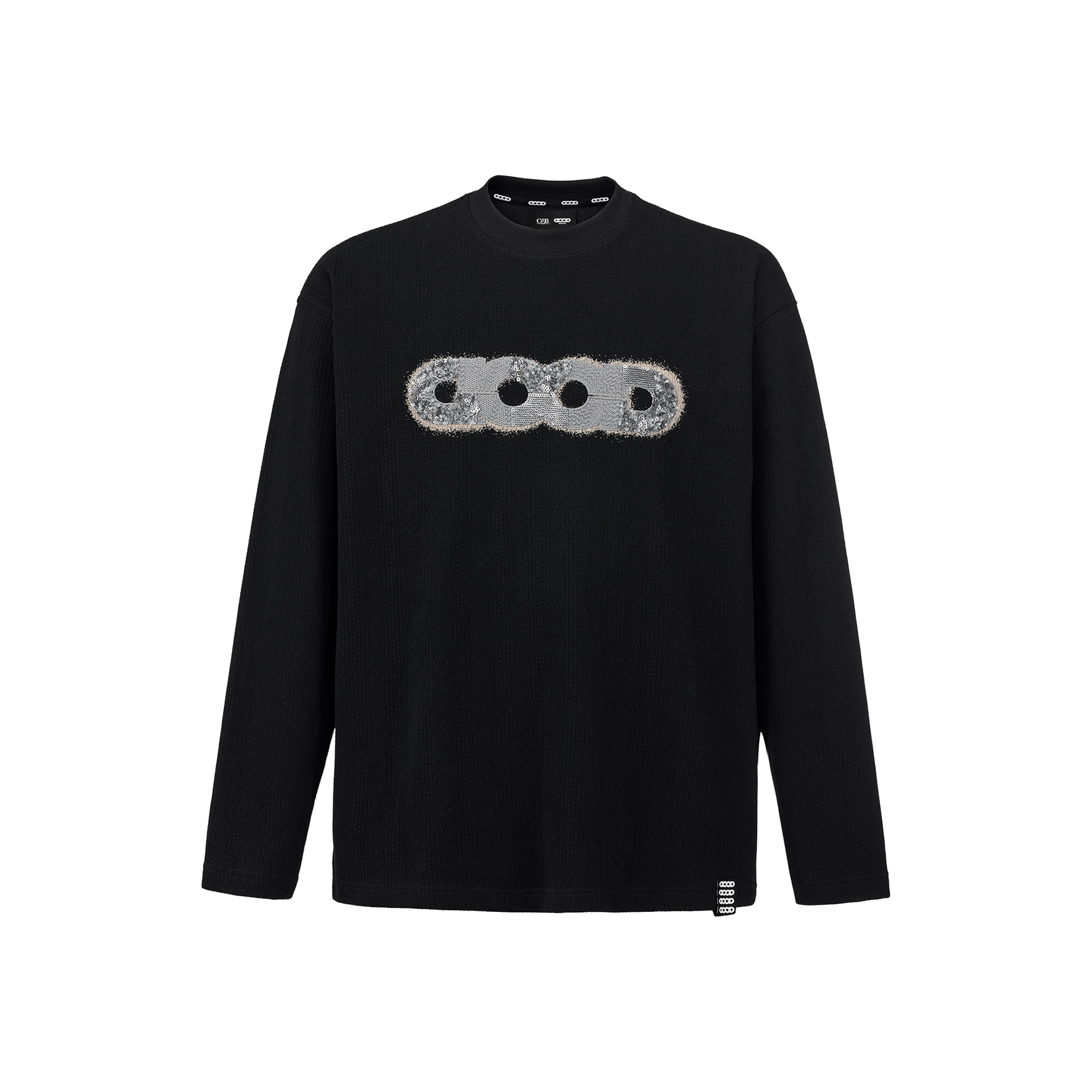GOODBRAND Splicing Sequin Printed Logo Long Sleeved Tee Black (FW25)