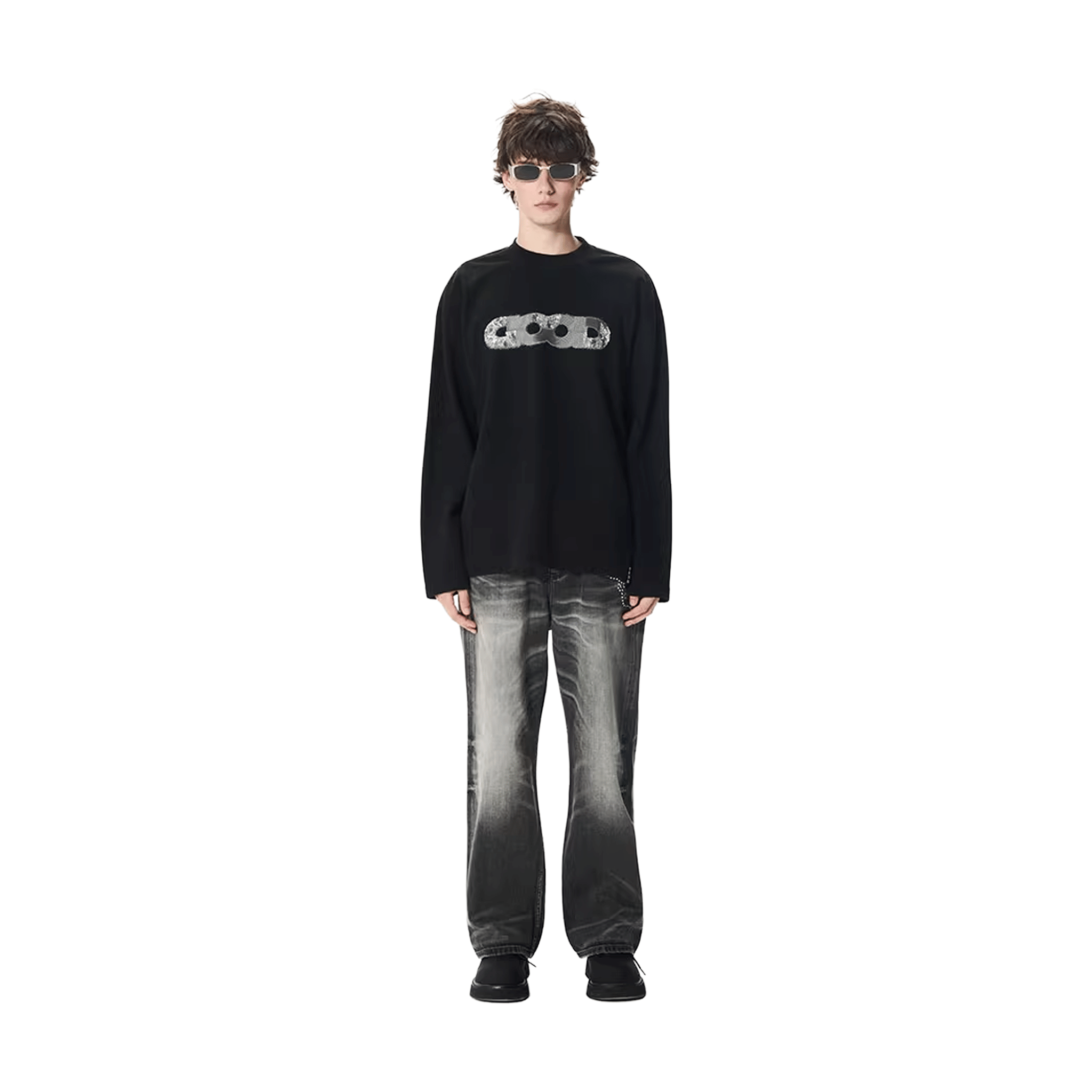 GOODBRAND Splicing Sequin Printed Logo Long Sleeved Tee Black (FW25)
