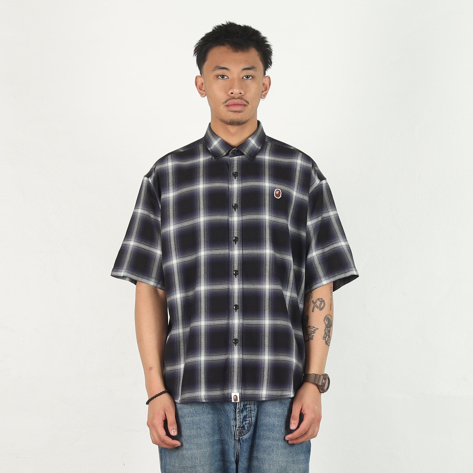 BAPE One Point Ombre Check Flannel SS Shirt - Black