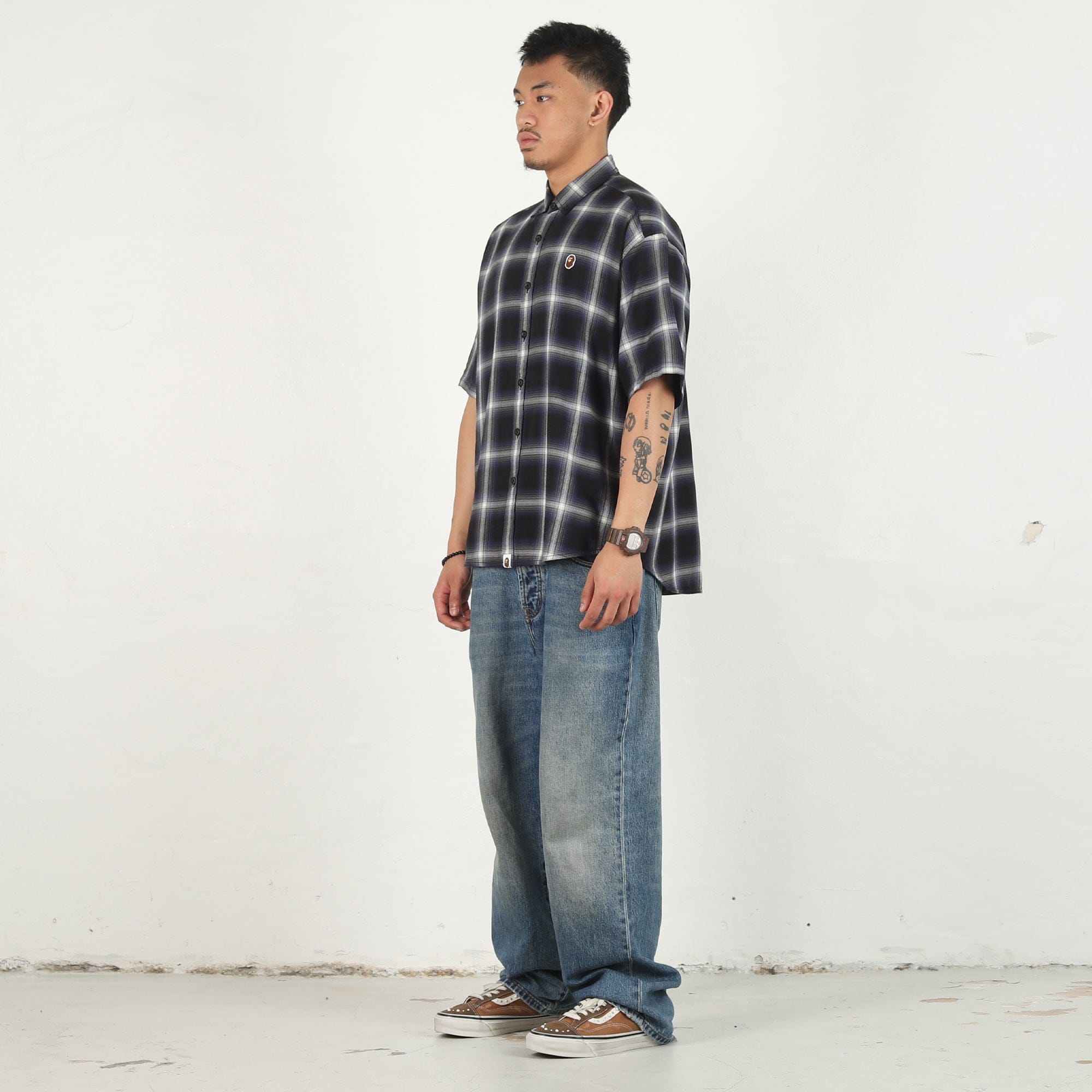 BAPE One Point Ombre Check Flannel SS Shirt - Black