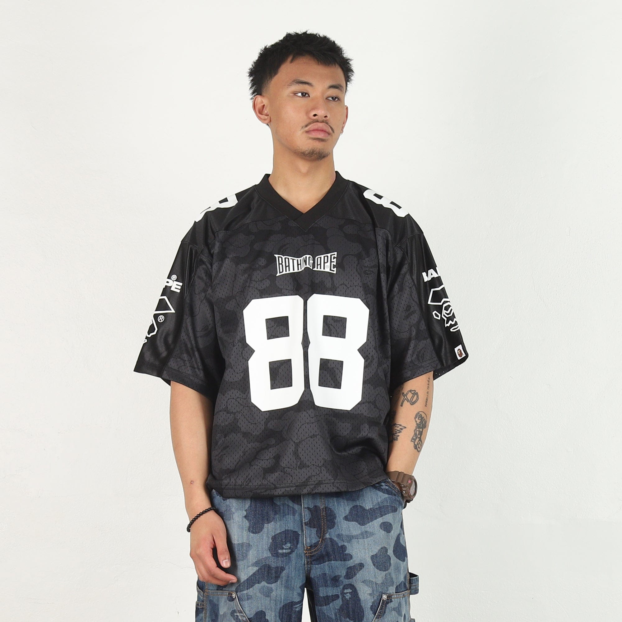 BAPE Solid Camo Logo Football Jersey T-Shirt - Black