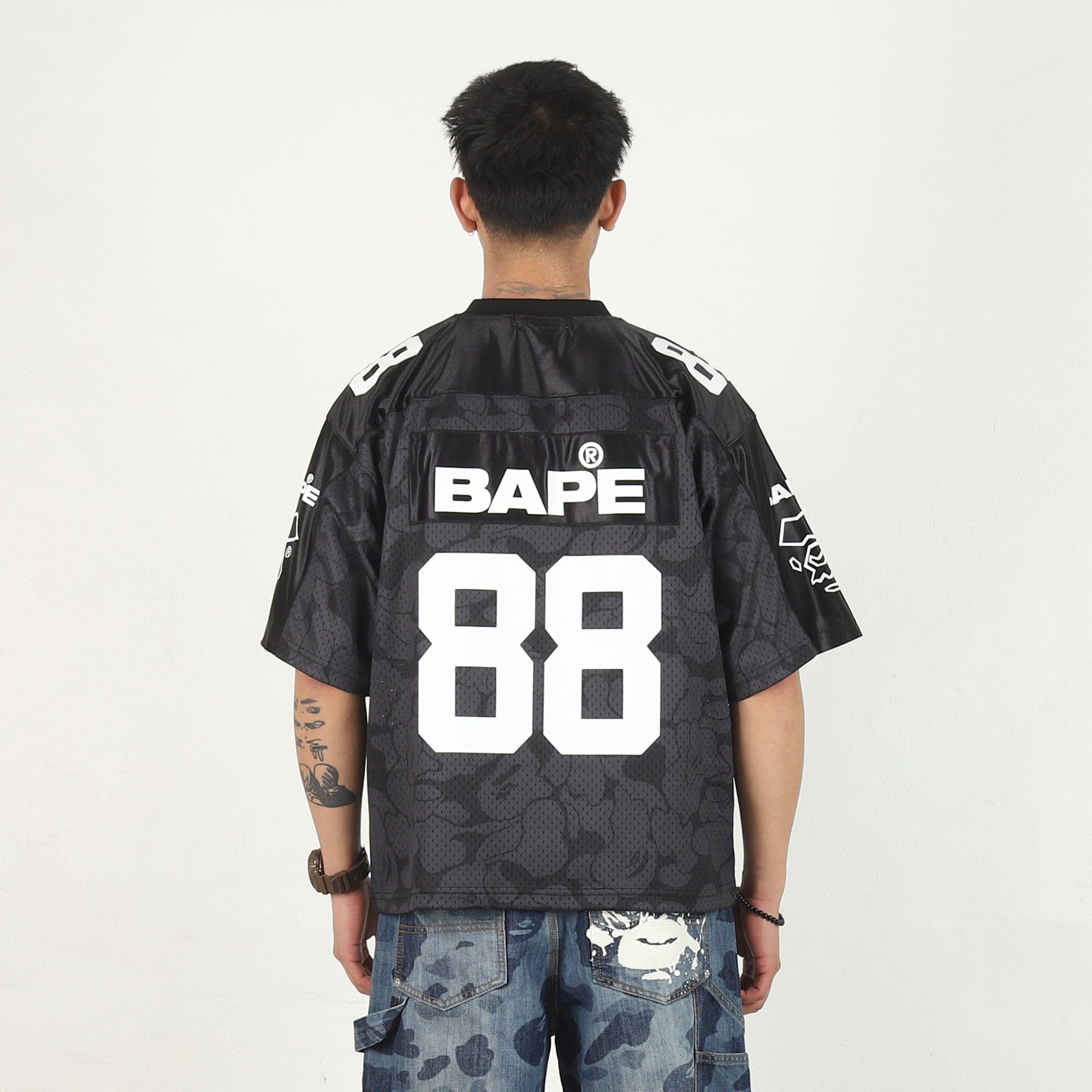 BAPE Solid Camo Logo Football Jersey T-Shirt - Black