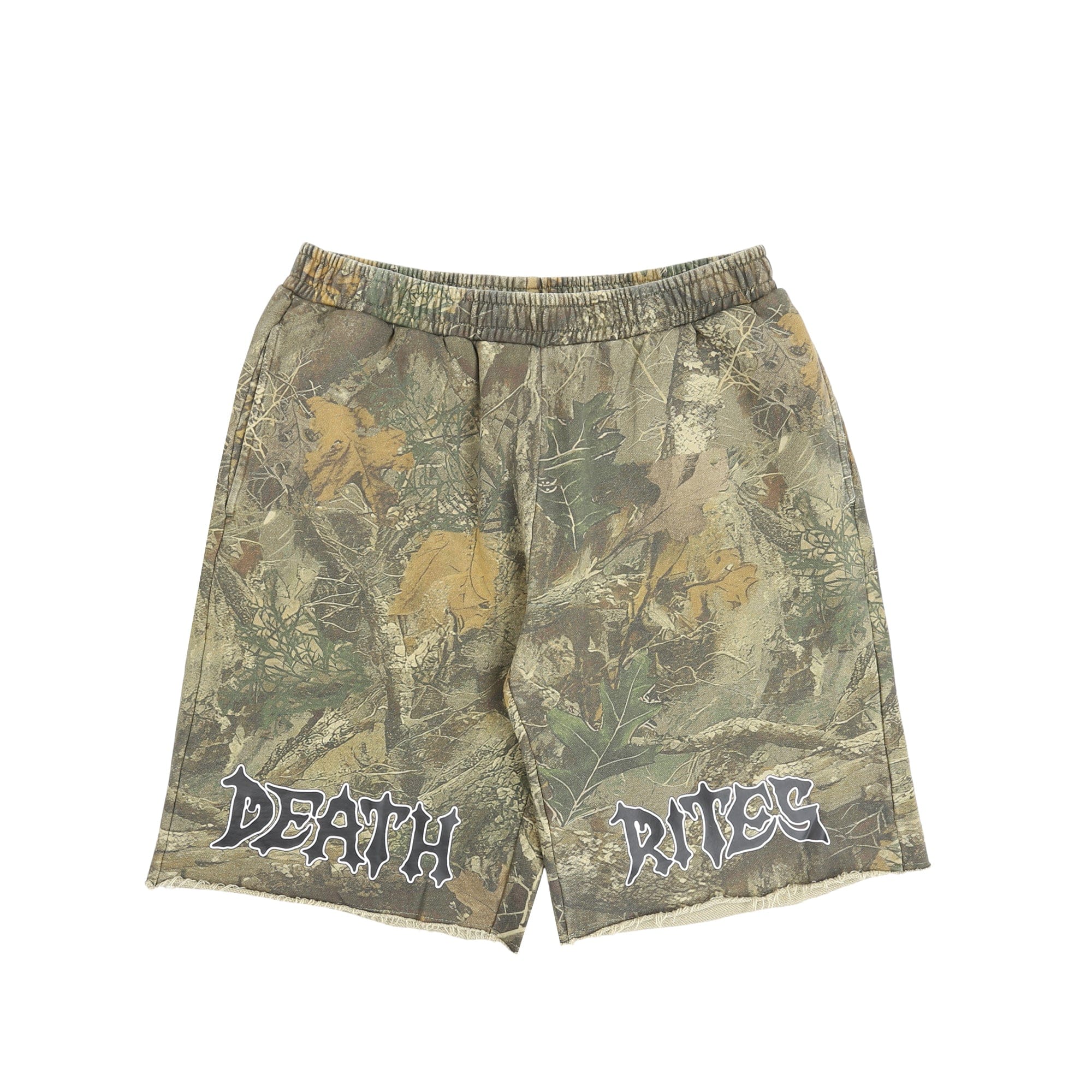 Death Rites Script Cut-Off Sweat Shorts - Tree Camo