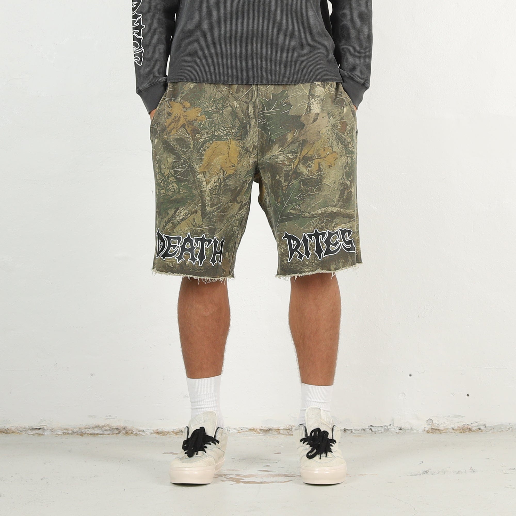 Death Rites Script Cut-Off Sweat Shorts - Tree Camo