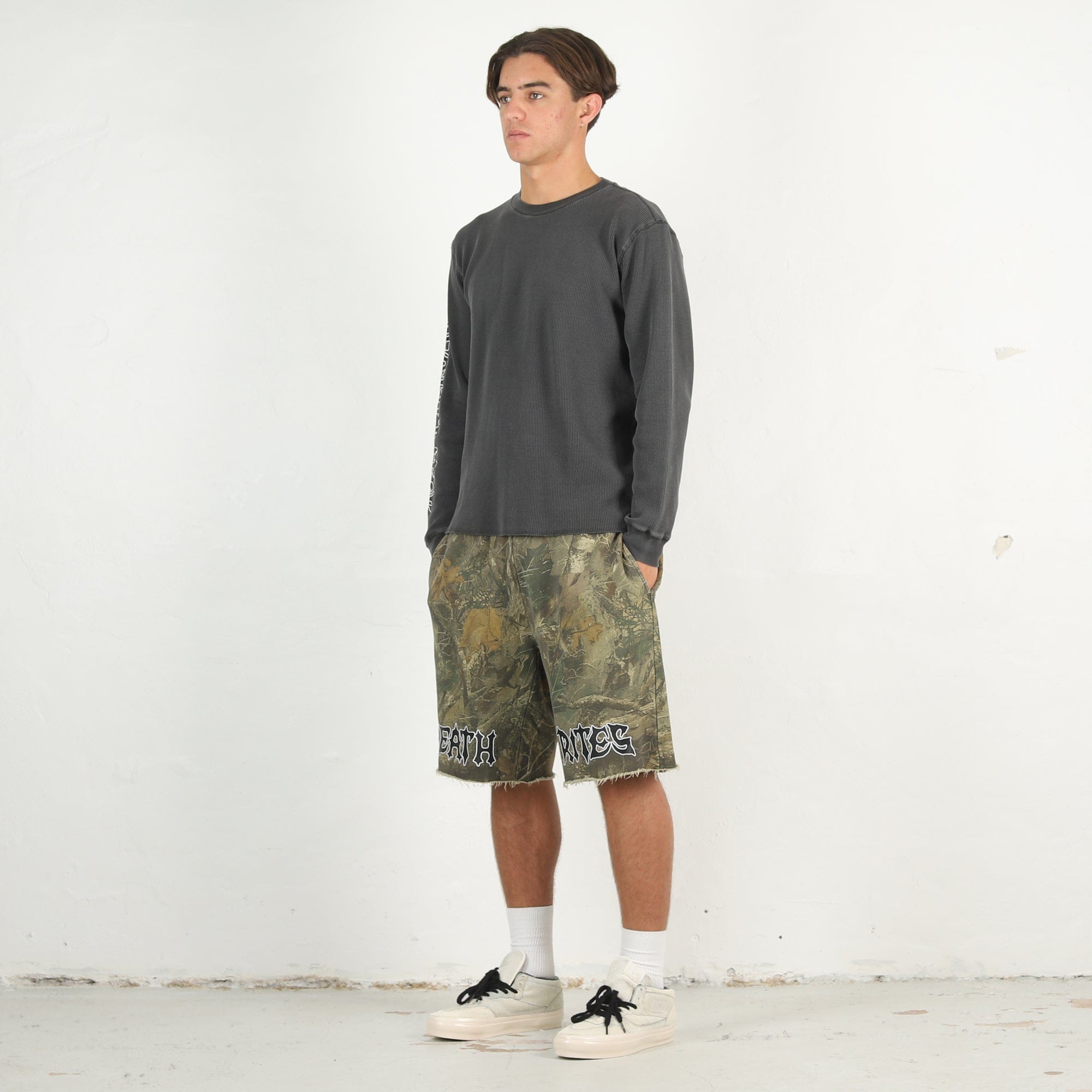 Death Rites Script Cut-Off Sweat Shorts - Tree Camo