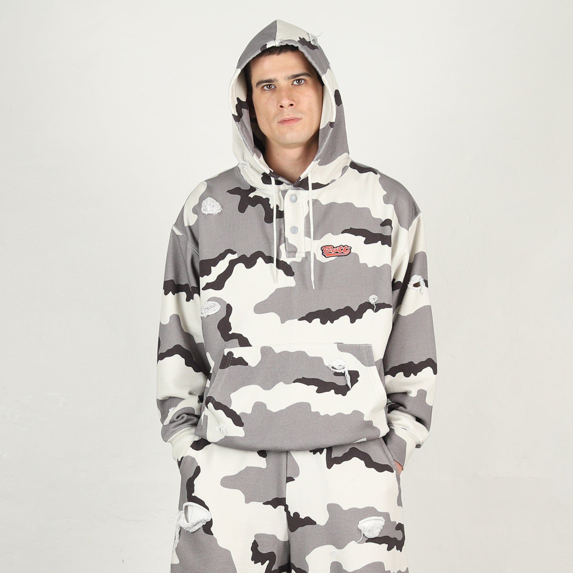 Bott Henley-neck Camo Hoodie - Grey