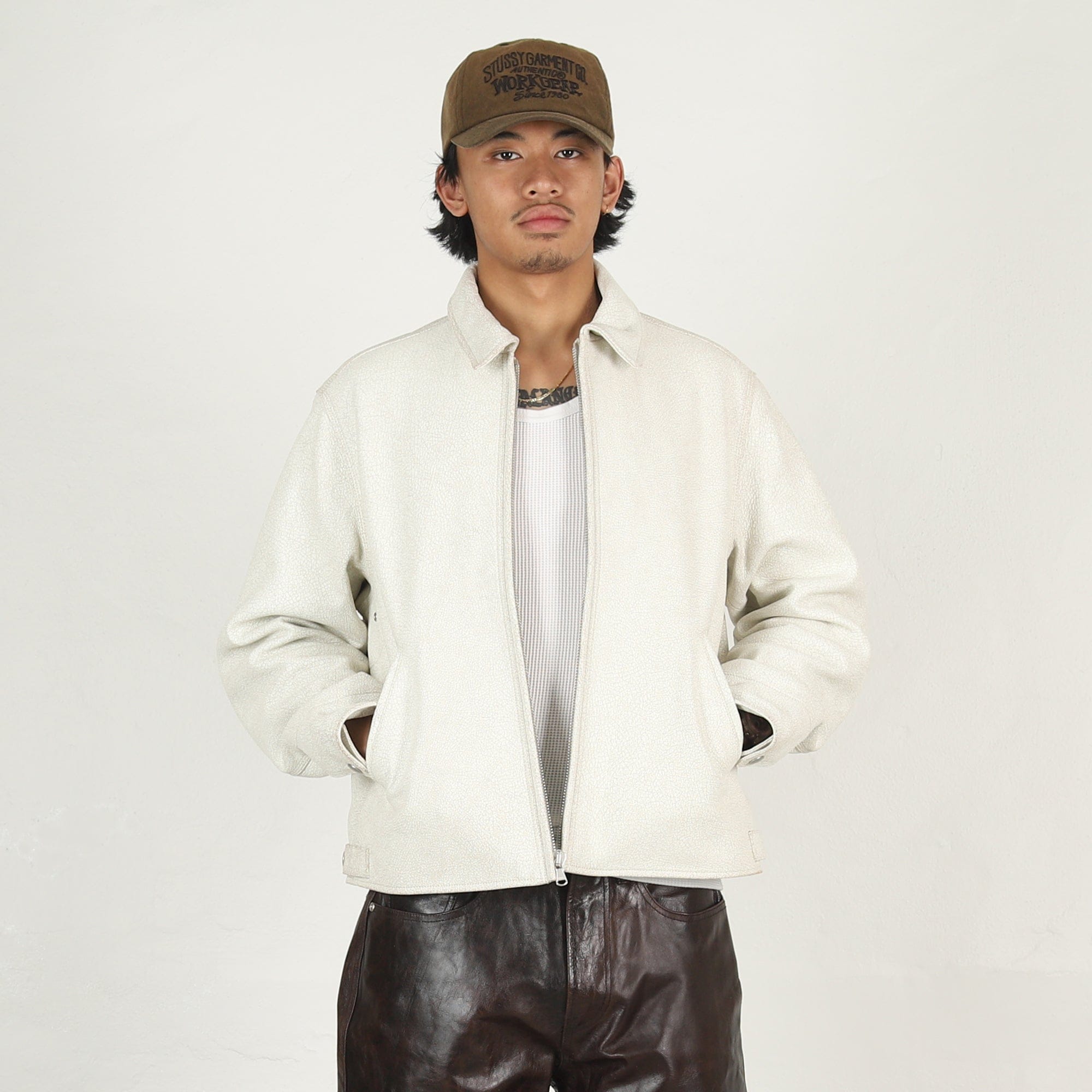 Stussy Garage Jacket Cracked Leather- White Crack