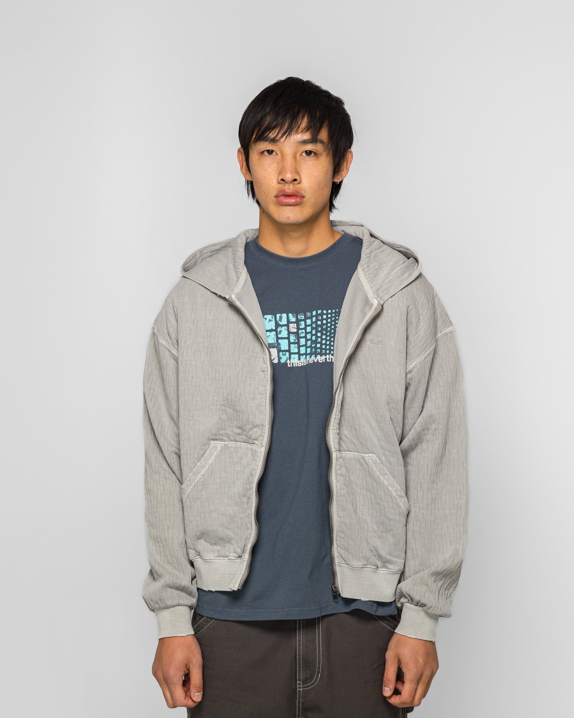 thisisneverthat Damaged Zip Up Hoodie - Khaki Grey