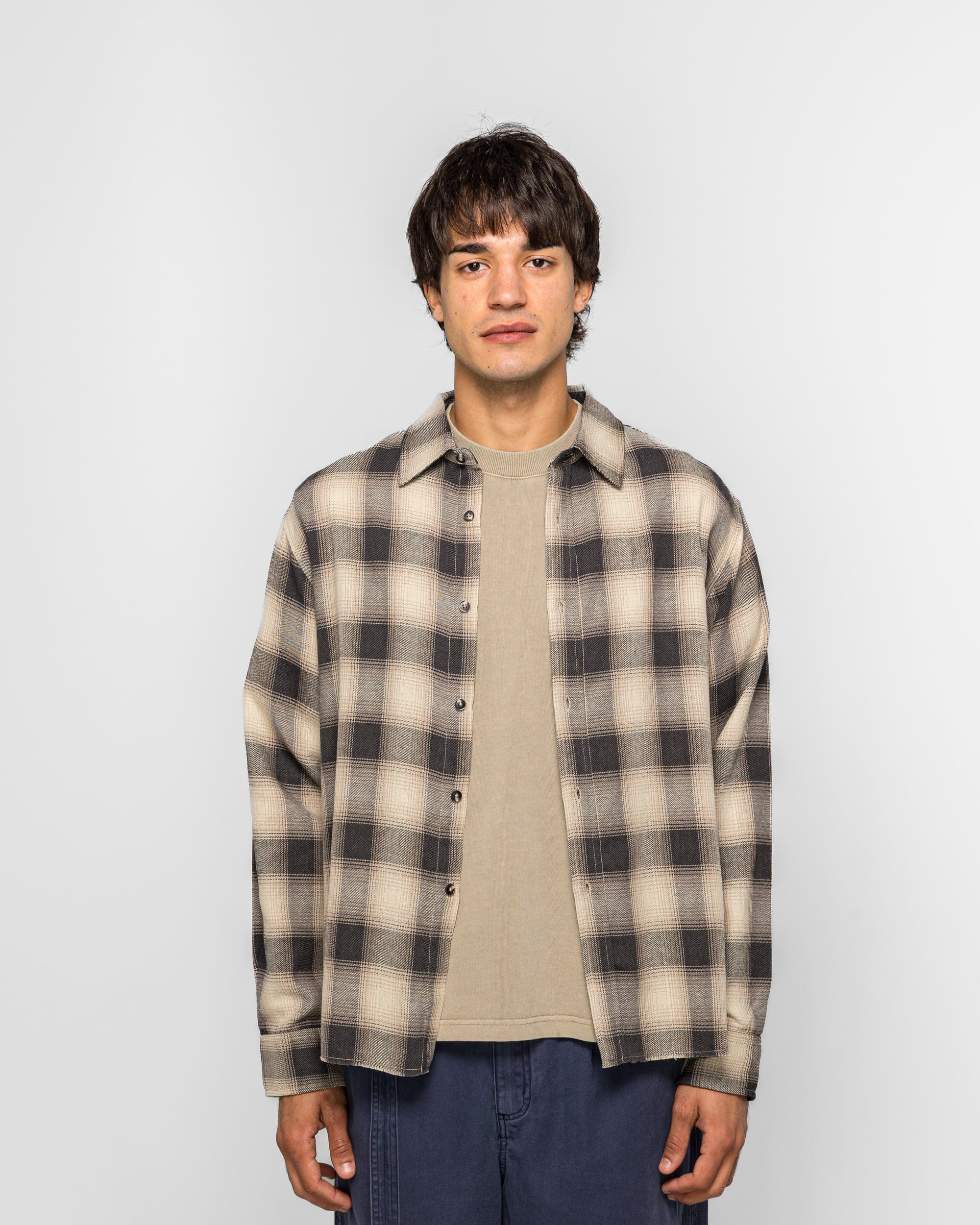 Beach Brains Hold LS Shirt - Cream/Navy Plaid