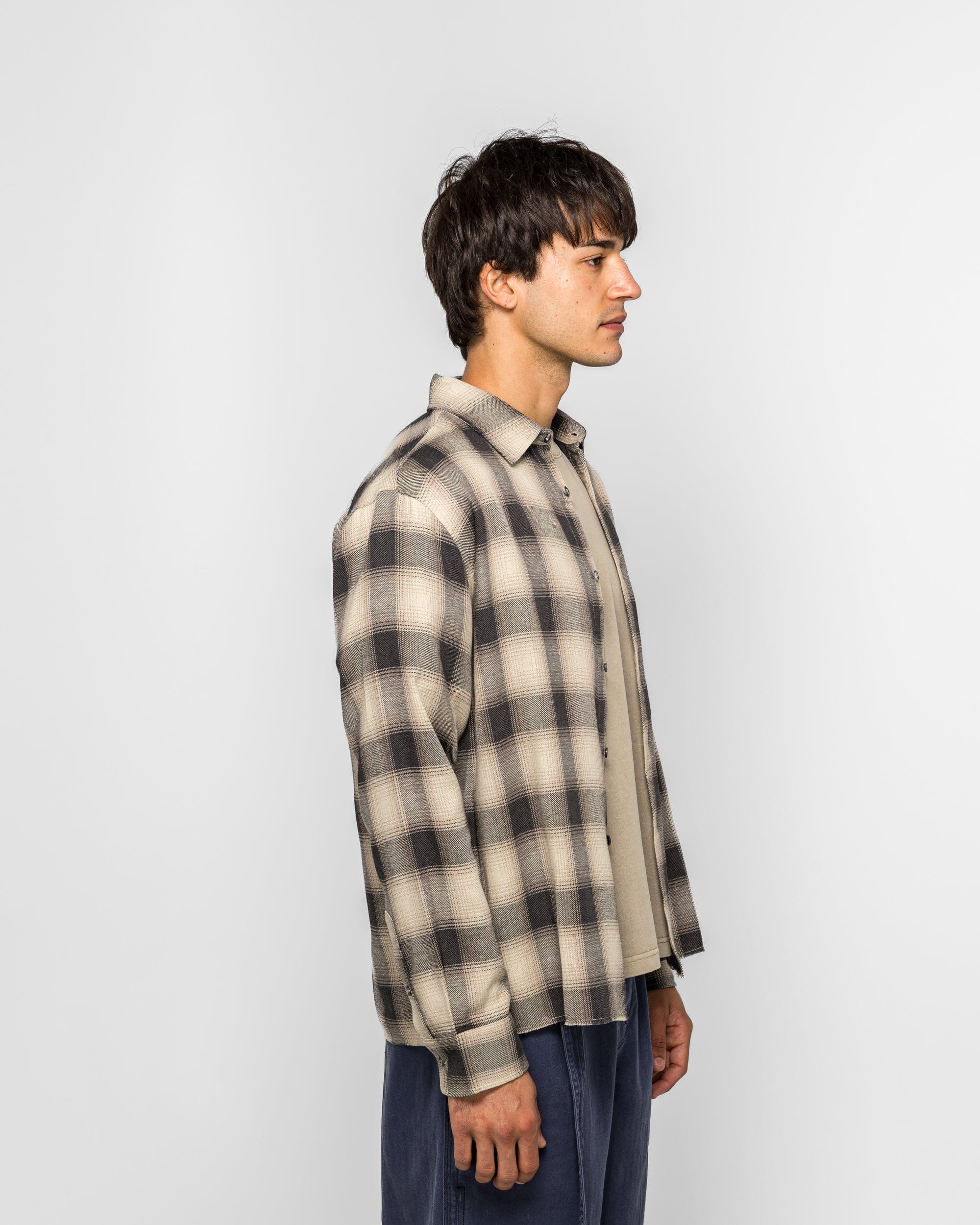 Beach Brains Hold LS Shirt - Cream/Navy Plaid