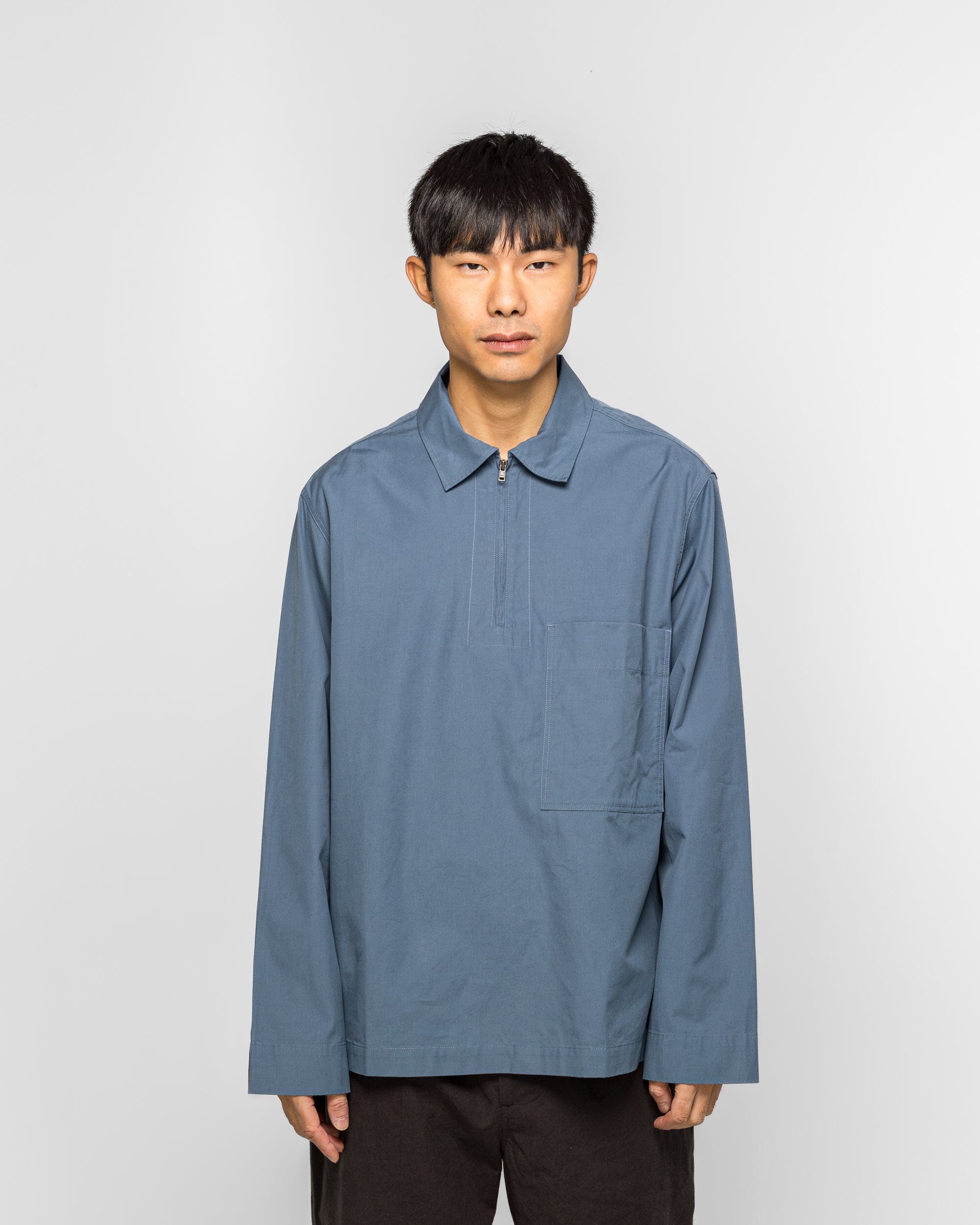 MHL. LS Half Zip Shirt - Blue Sanded Cotton Poplin Uniform