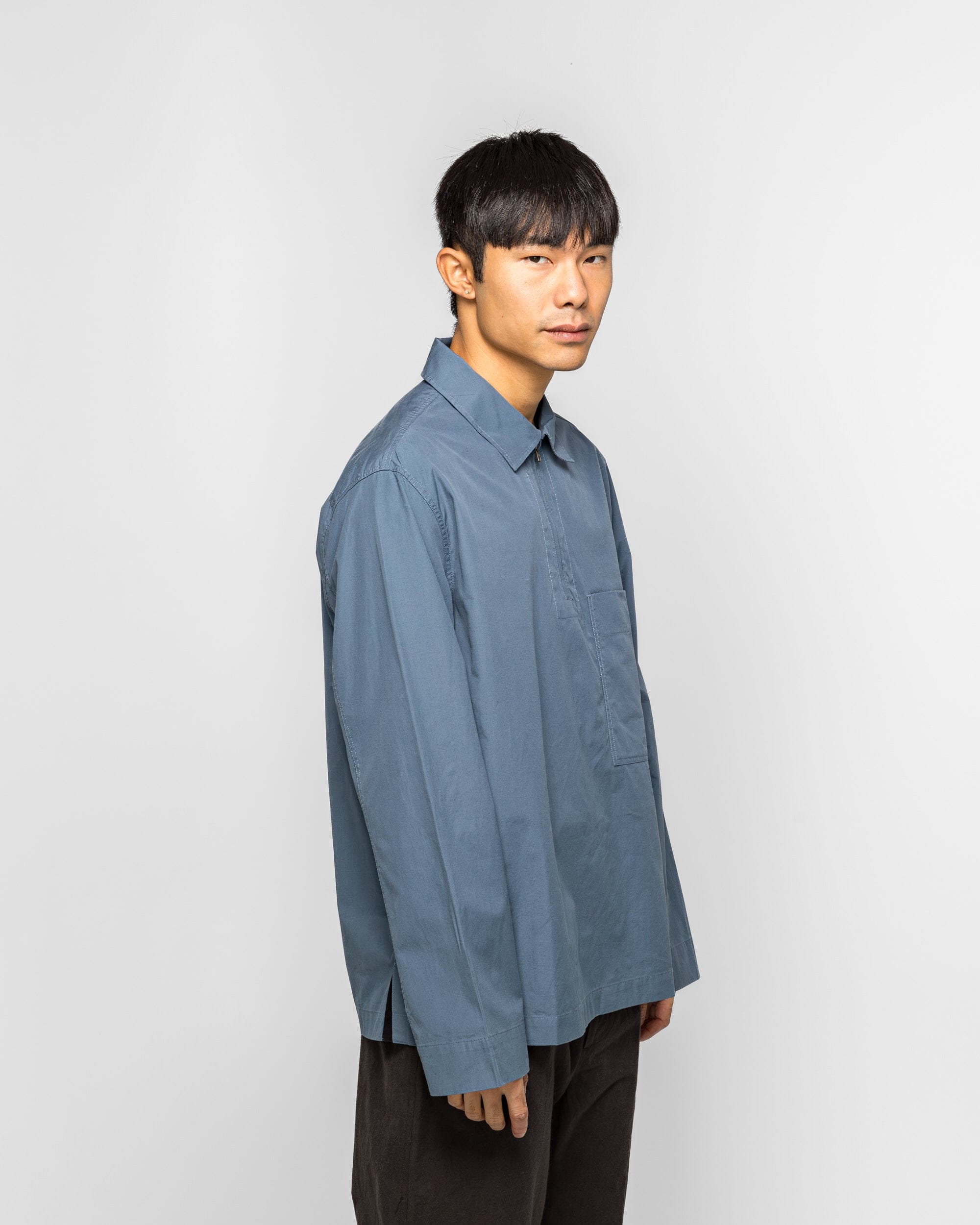 MHL. LS Half Zip Shirt - Blue Sanded Cotton Poplin Uniform