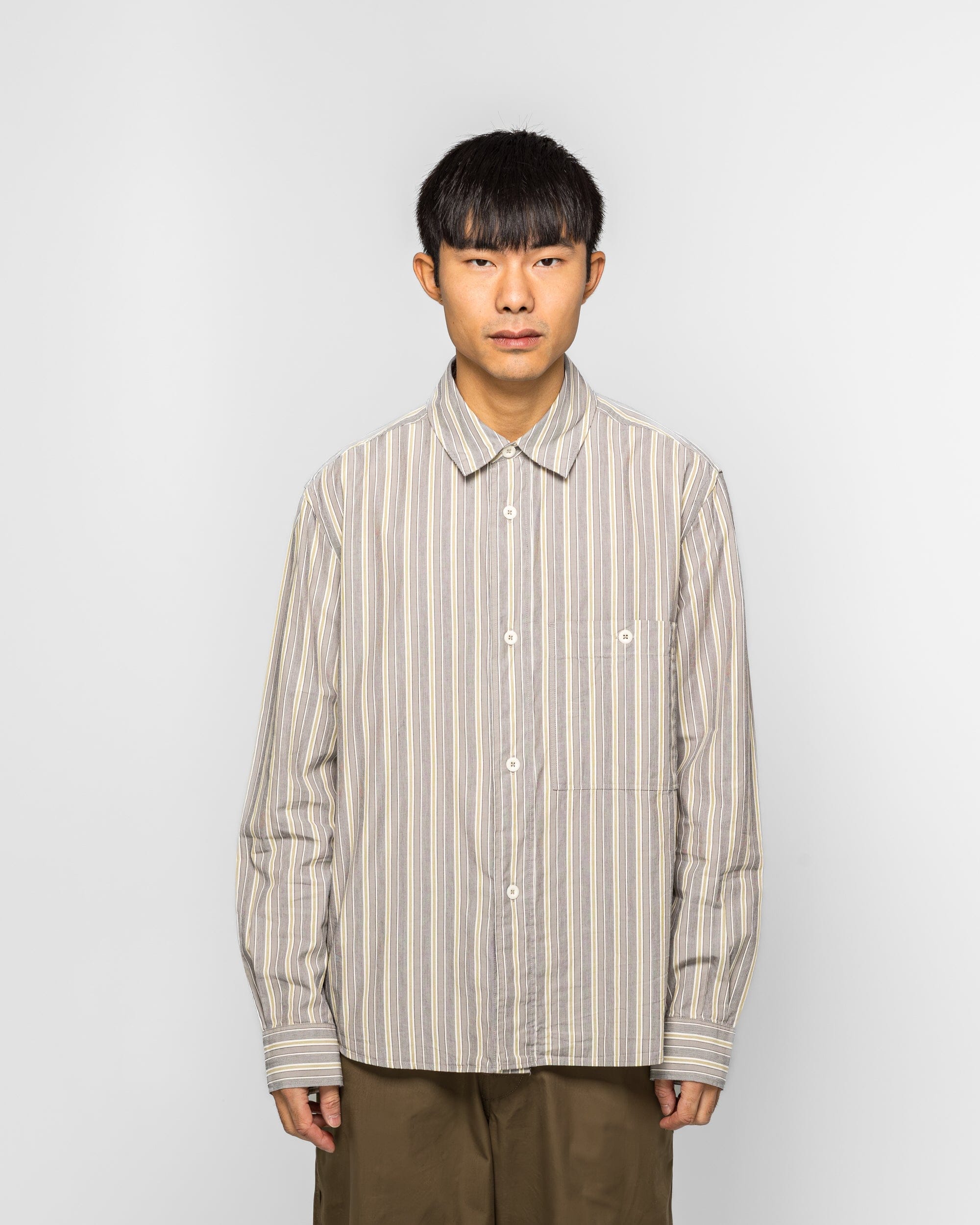 MHL. Overall Shirt - Cotton Off White/Grey Pyjama Stripe