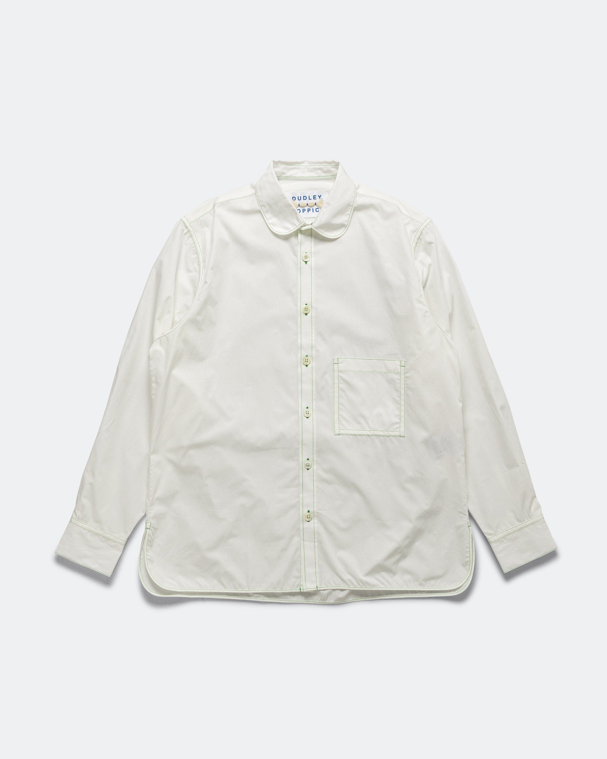 Dudley Coppice The Gardeners Shirt - Hydrangea White Poplin Green Stitching