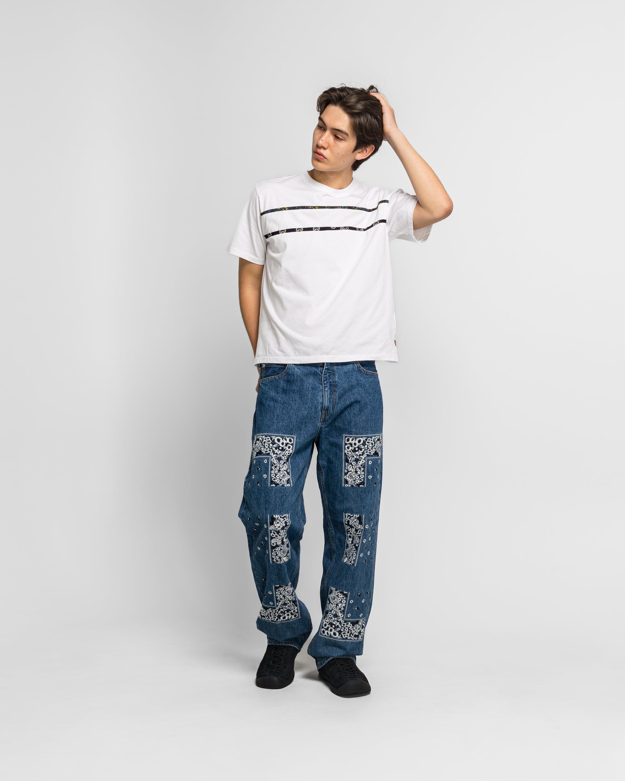 NOMARHYTHM TEXTILE Border Patchwork T-Shirt - White