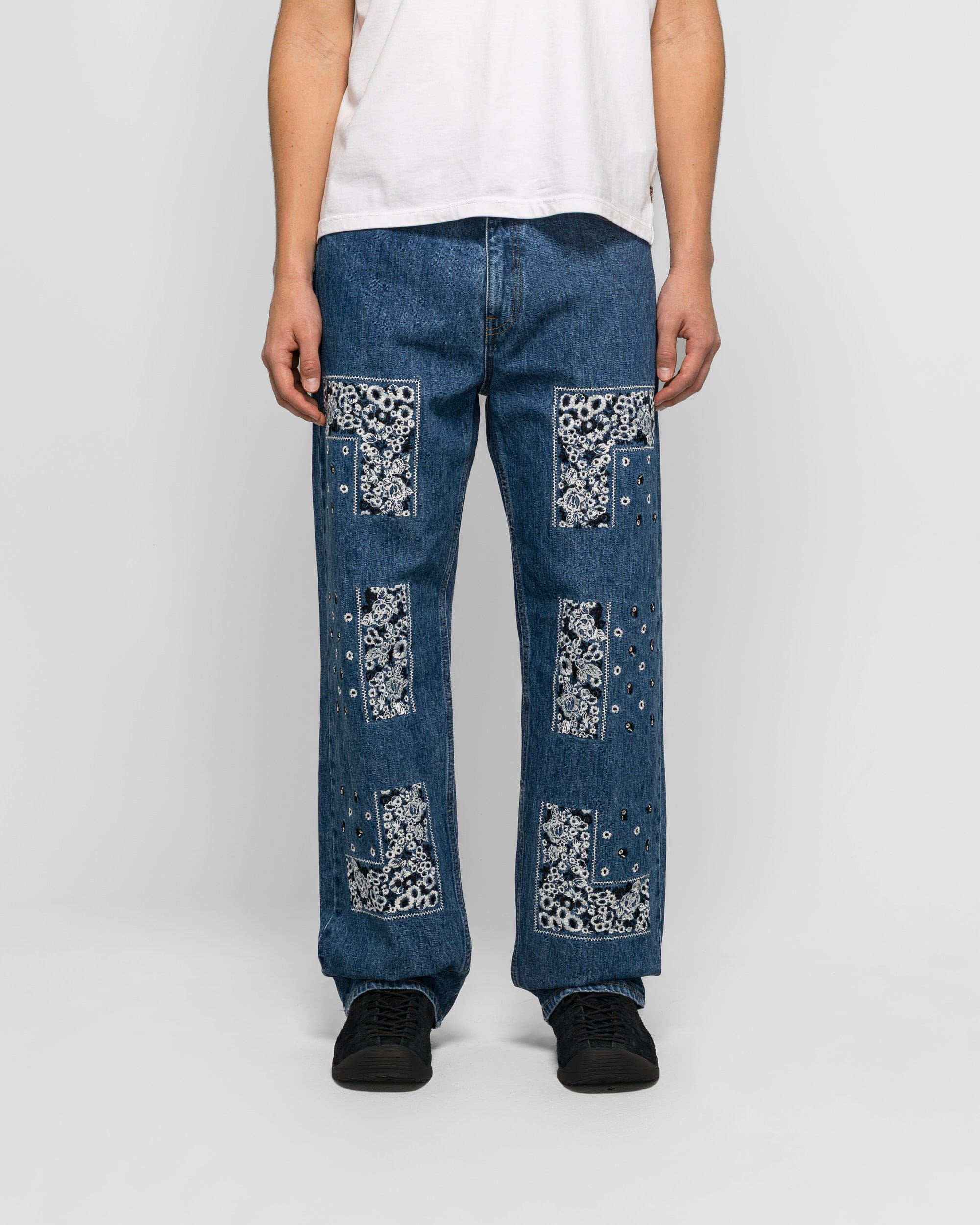 NOMARHYTHM TEXTILE Bandana Embroidery Denim Pants - Indigo/White