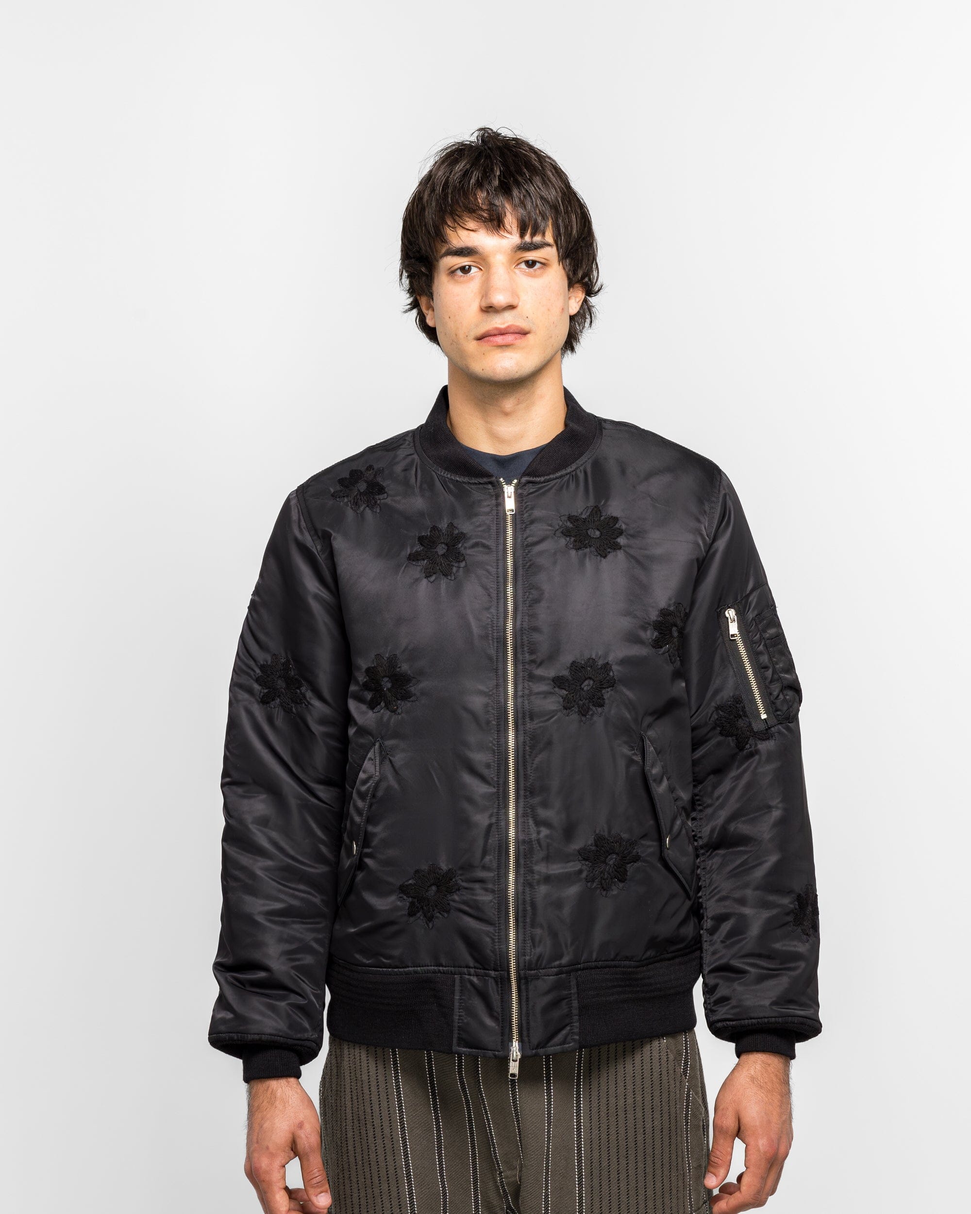 NOMARHYTHM TEXTILE Flower Embroidery Flight Jacket - Black