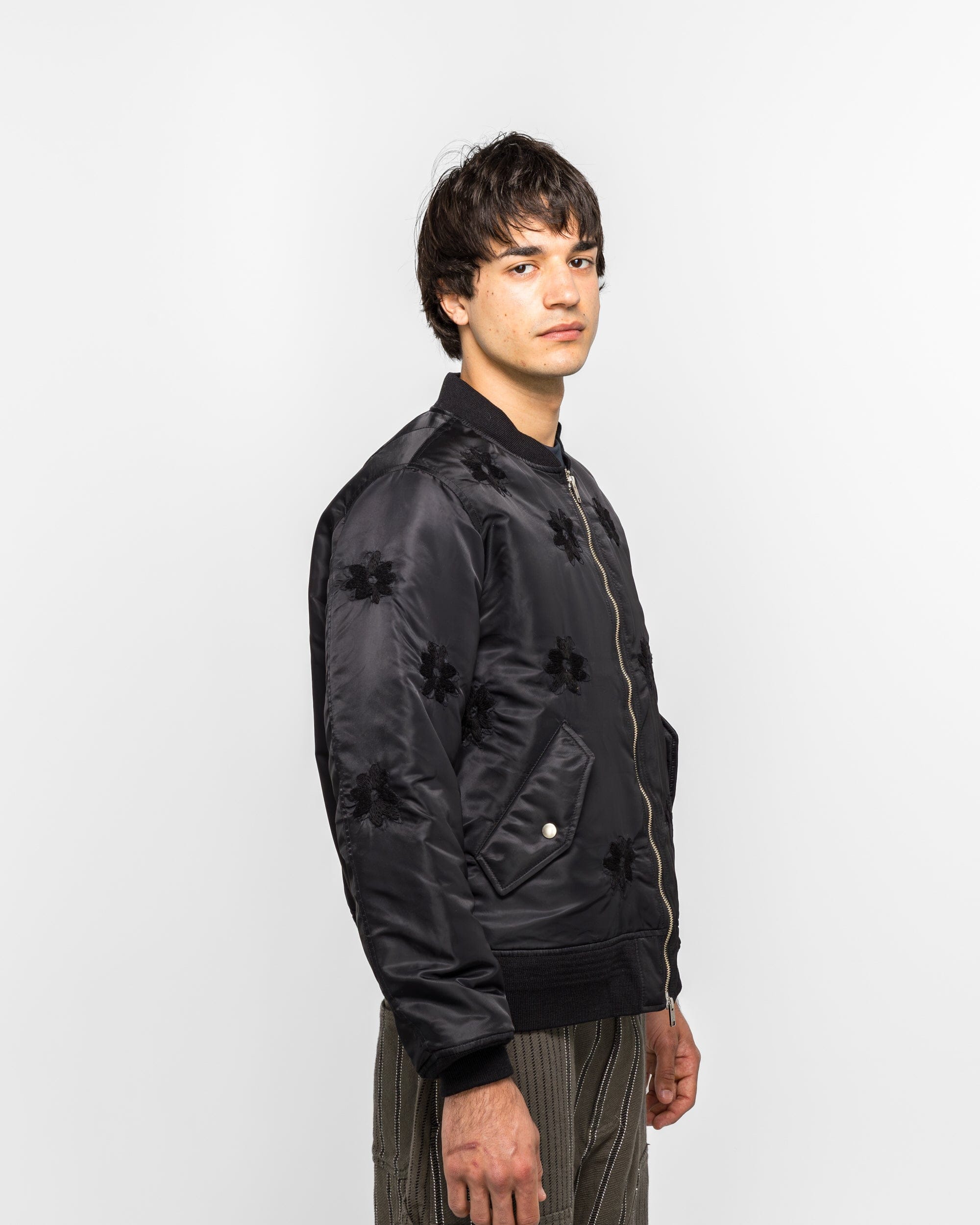 NOMARHYTHM TEXTILE Flower Embroidery Flight Jacket - Black