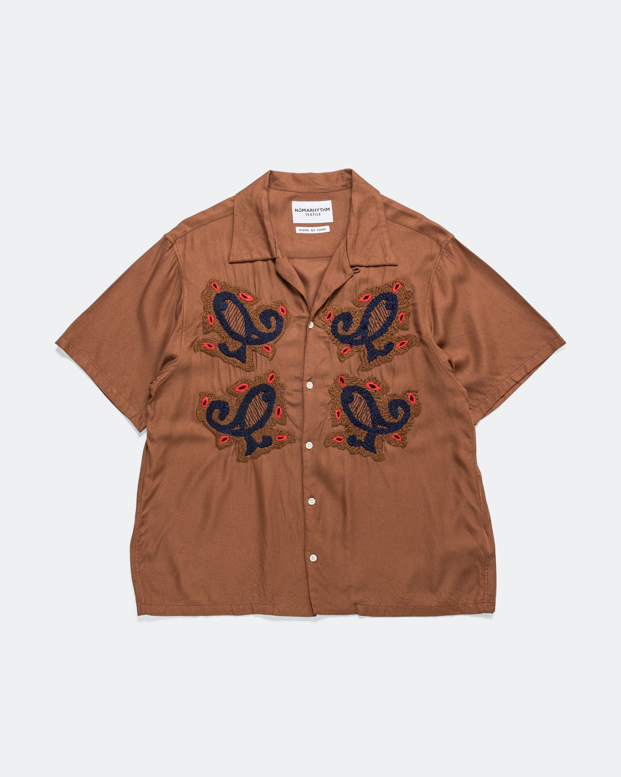 NOMARHYTHM TEXTILE Paisley Embroidery Open Collar SS Shirt - Walnut