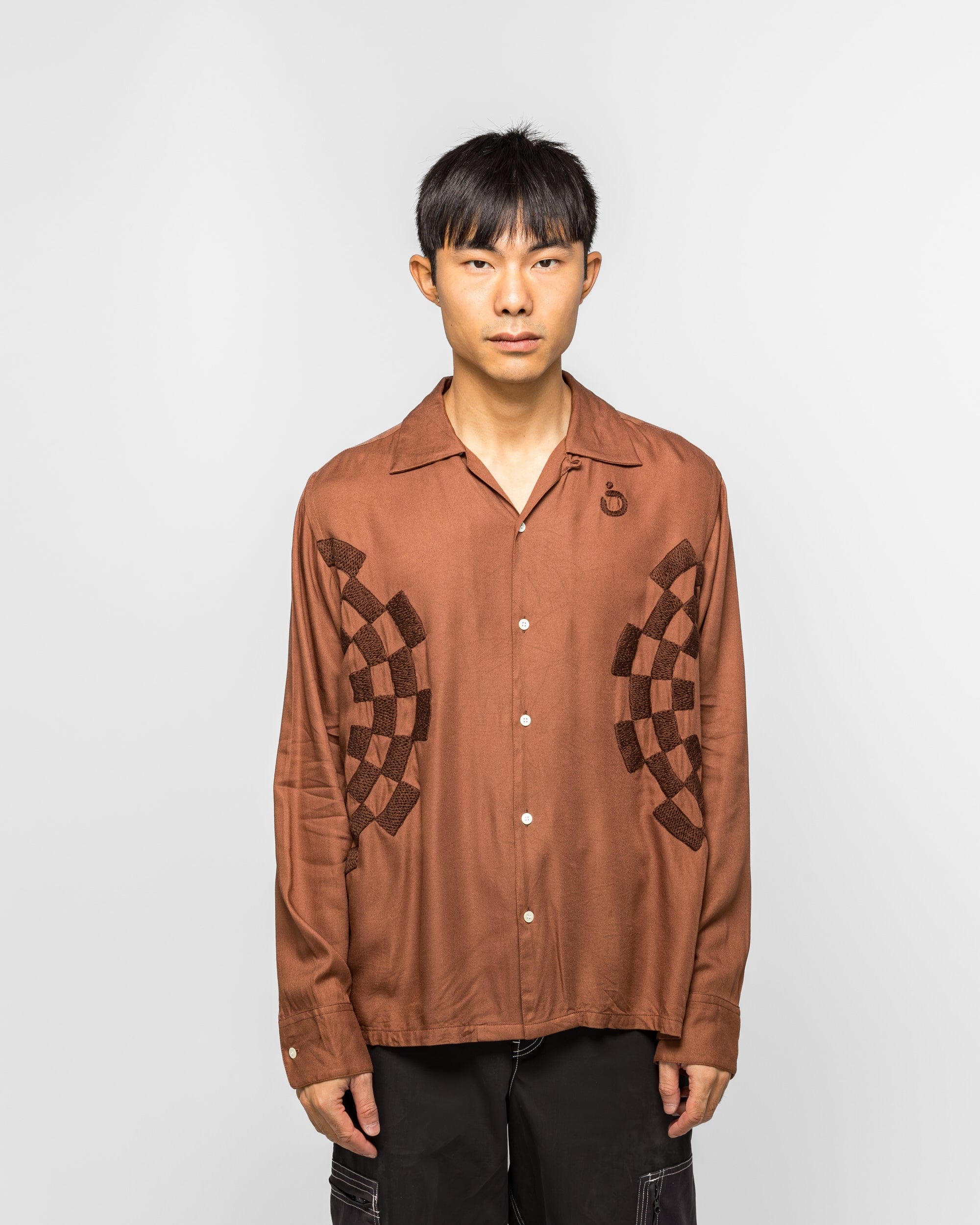 NOMARHYTHM TEXTILE Checker Embroidery Open Collar Shirt - Walnut