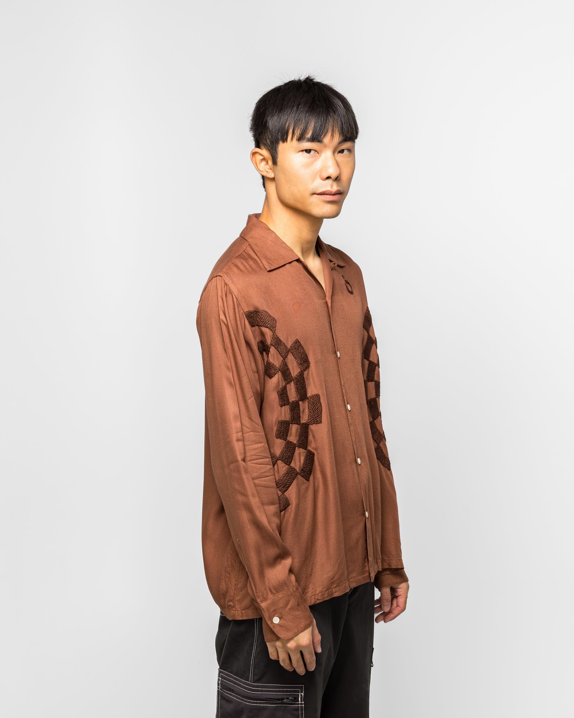 NOMARHYTHM TEXTILE Checker Embroidery Open Collar Shirt - Walnut