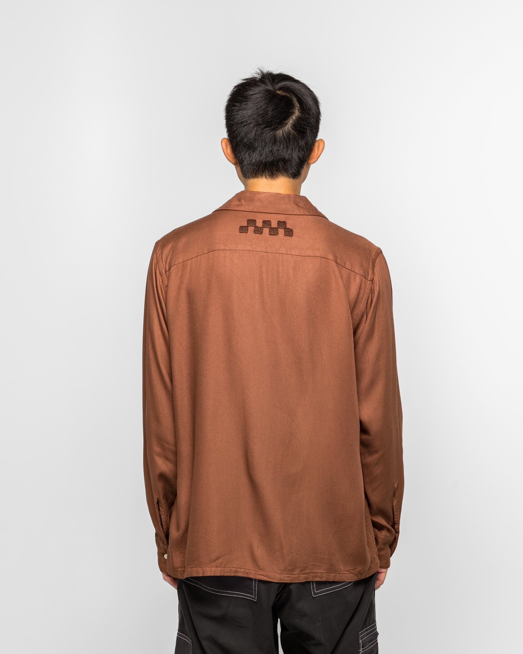 NOMARHYTHM TEXTILE Checker Embroidery Open Collar Shirt - Walnut