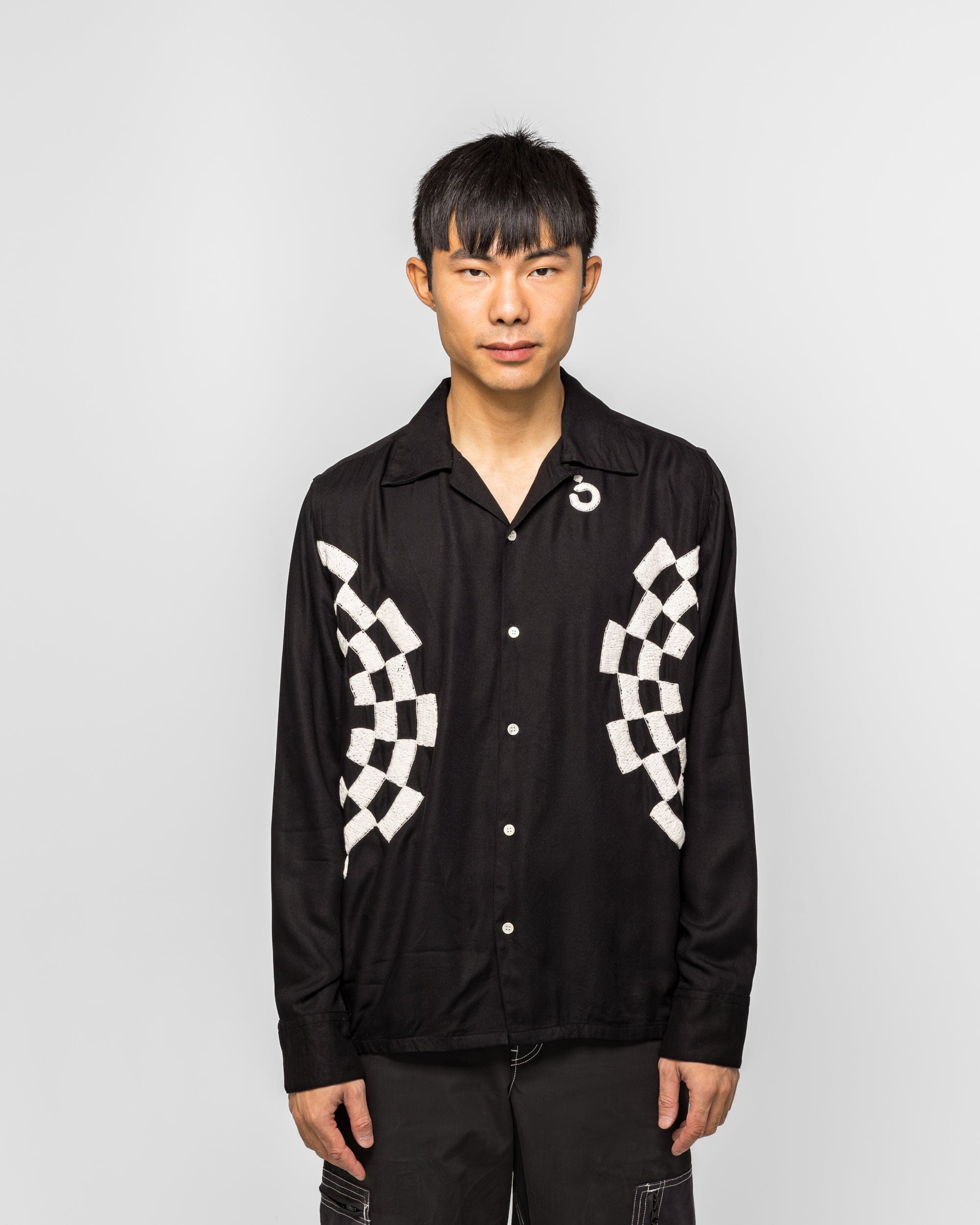NOMARHYTHM TEXTILE Checker Embroidery Open Collar Shirt - Black