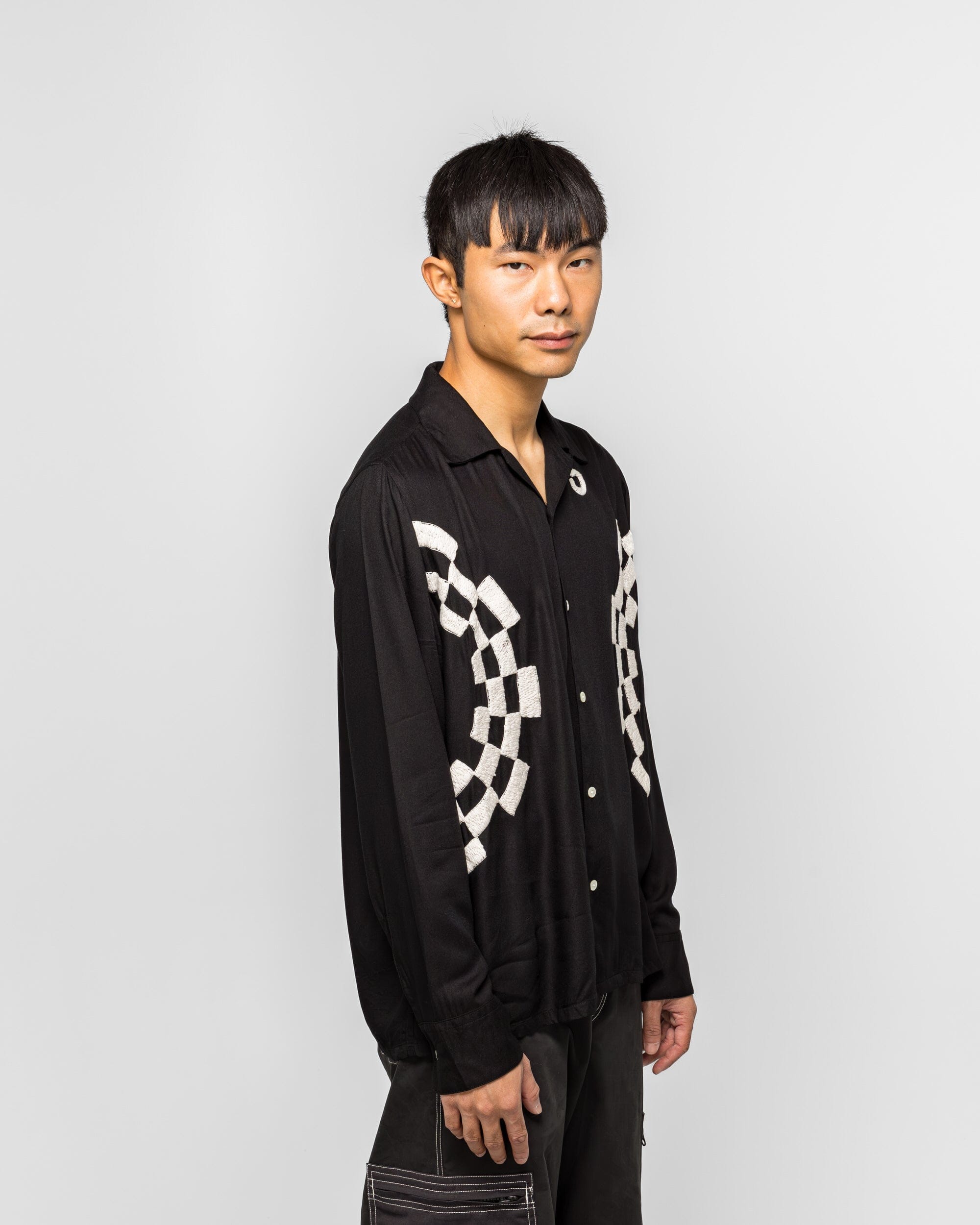 NOMARHYTHM TEXTILE Checker Embroidery Open Collar Shirt - Black