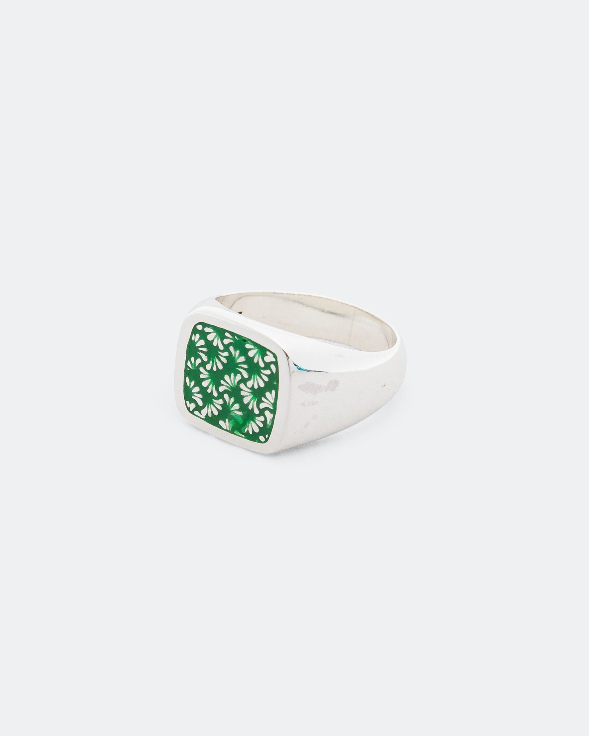 Maple Floral Signet Ring - 925 Silver/Green Enamel