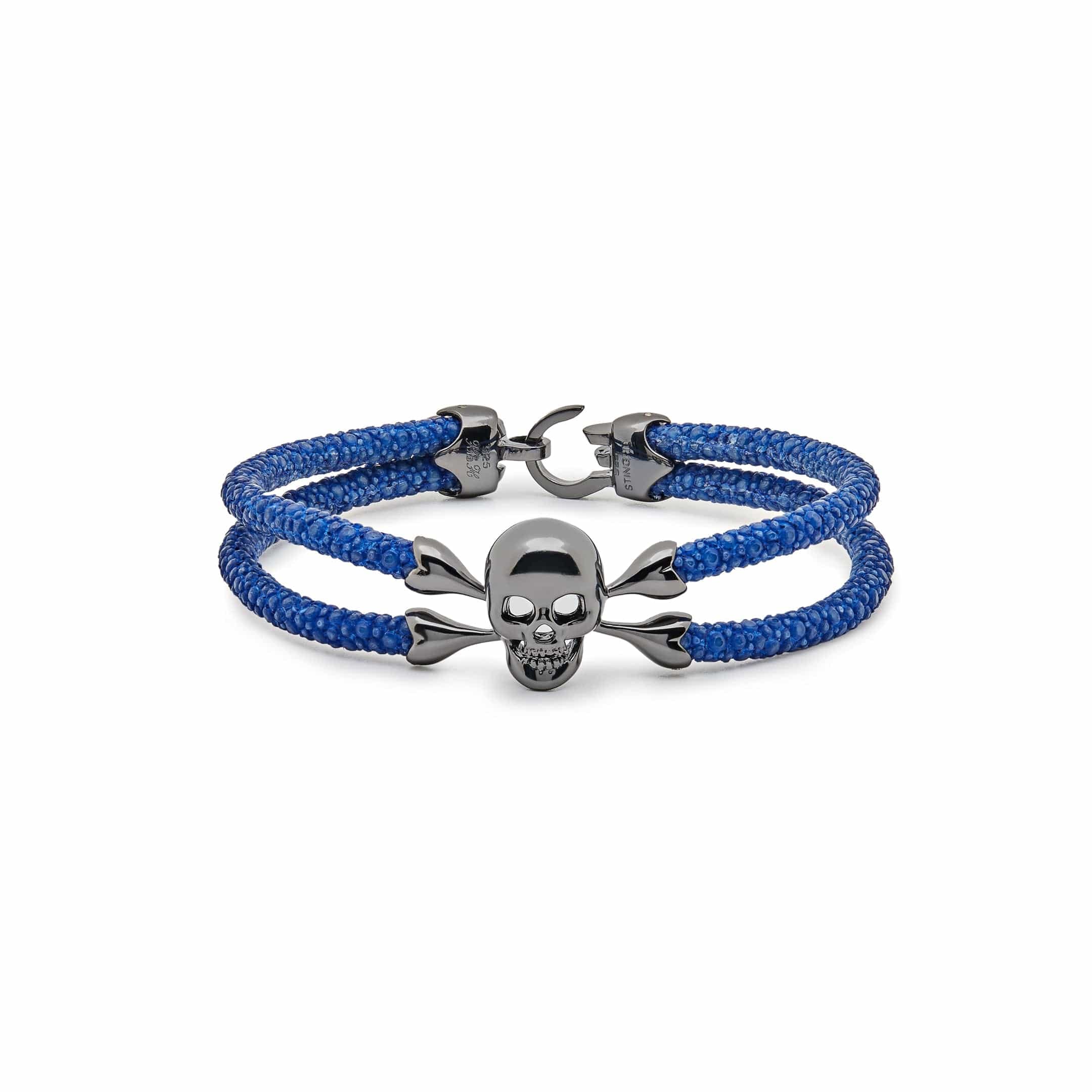 StingHD Skull & Crossbones Black Stingray Silver Bracelet