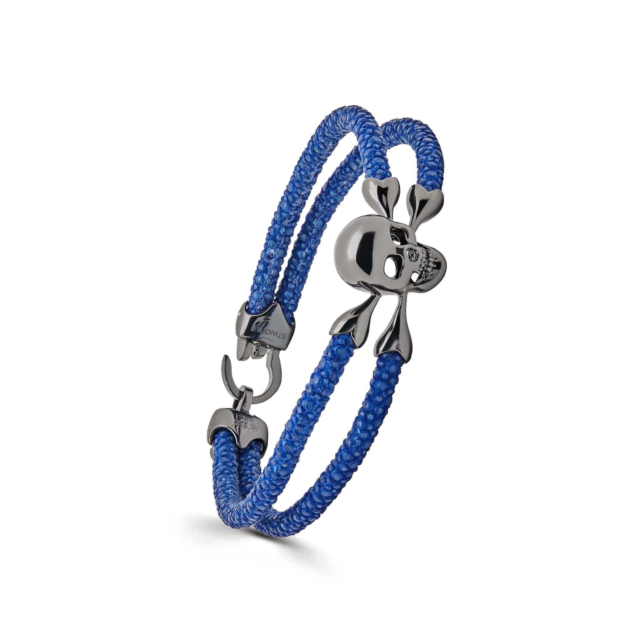 StingHD Skull & Crossbones Black Stingray Silver Bracelet