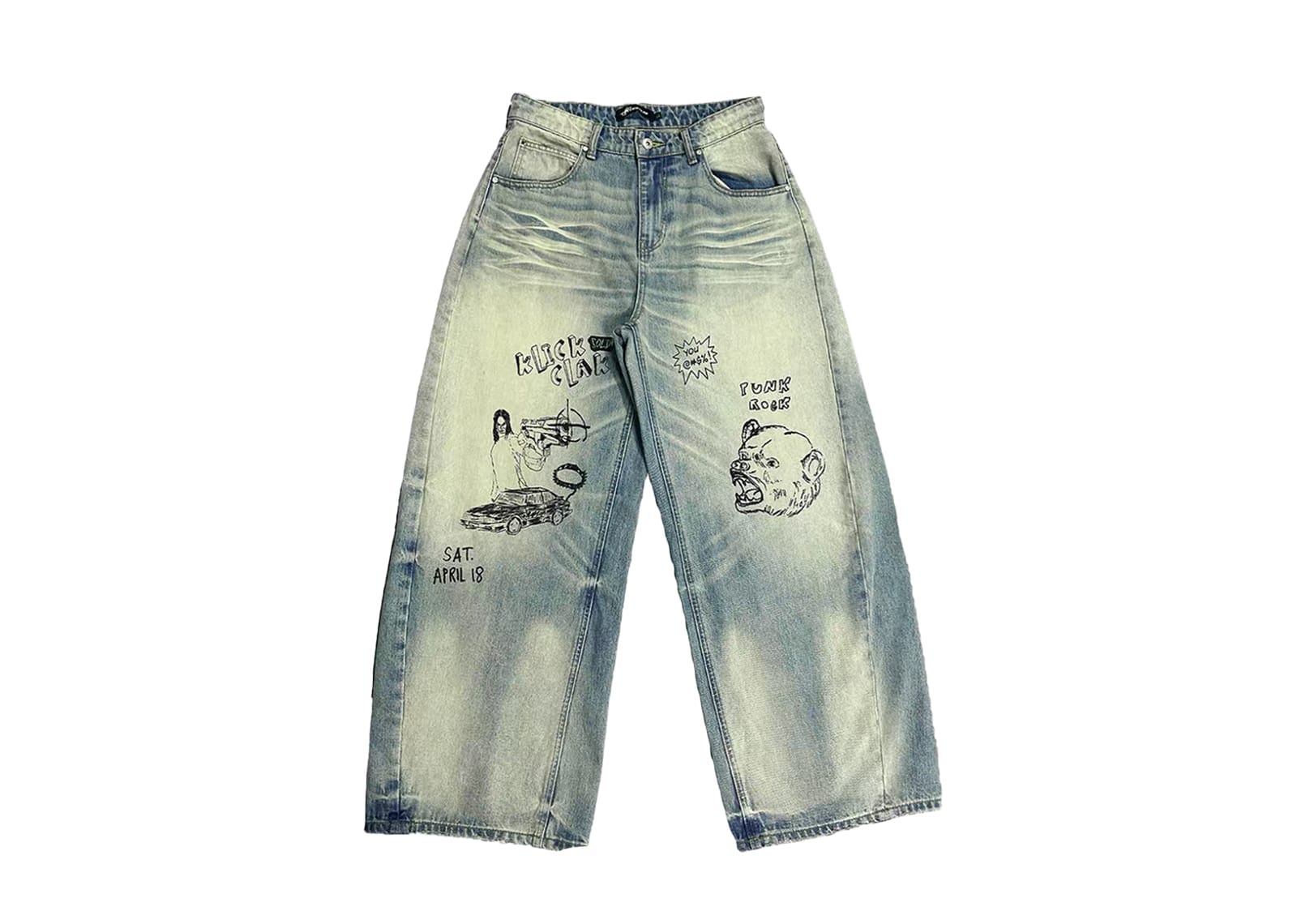 KLICK CLAK 25AW Bear Hunter Vintage Wash A-Line Denim Pants Cream Blue